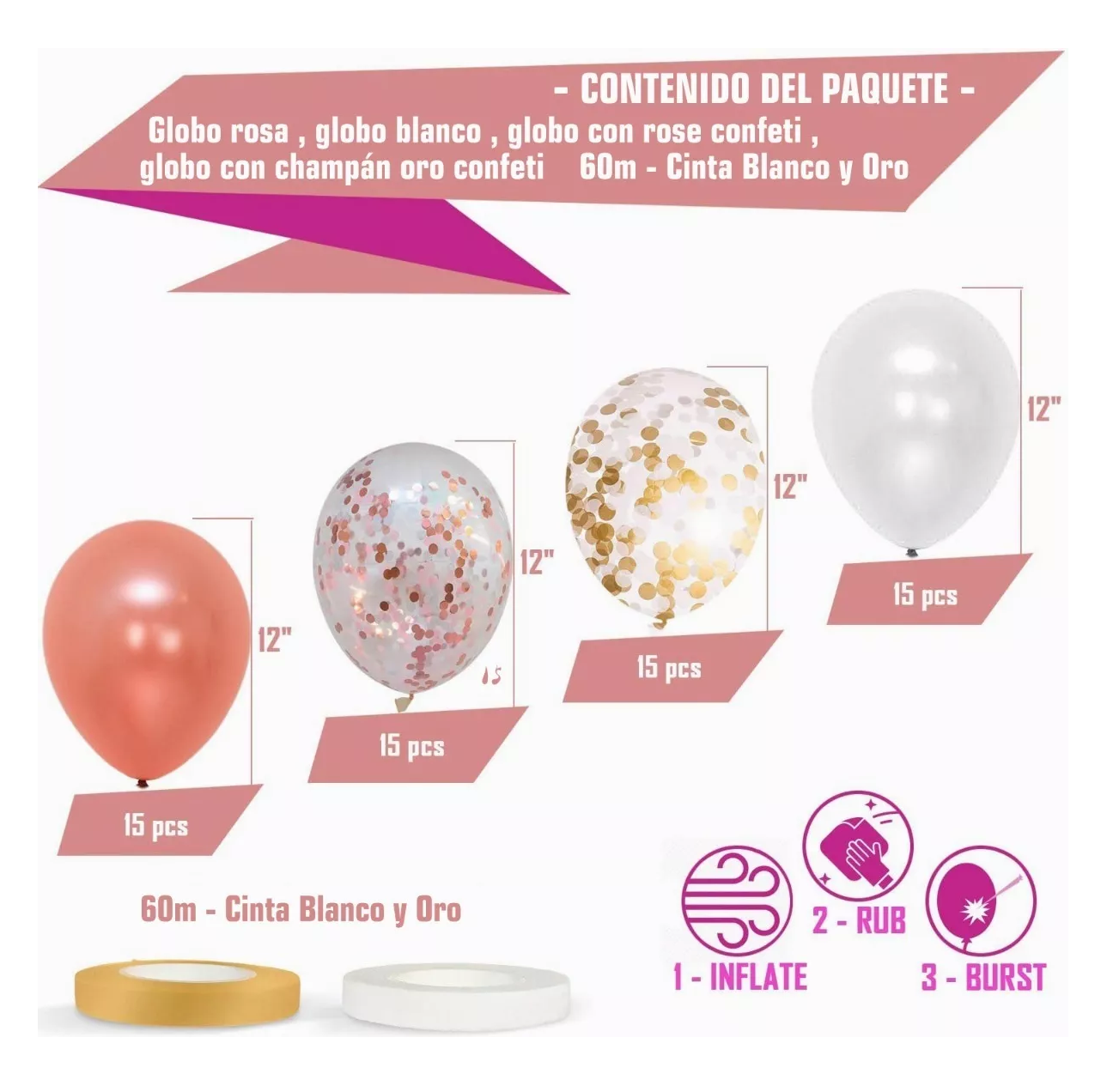 Foto 3 pulgar | Set de Globos Látex  para Fiesta 60 Piezas  Rosa Con Blanco