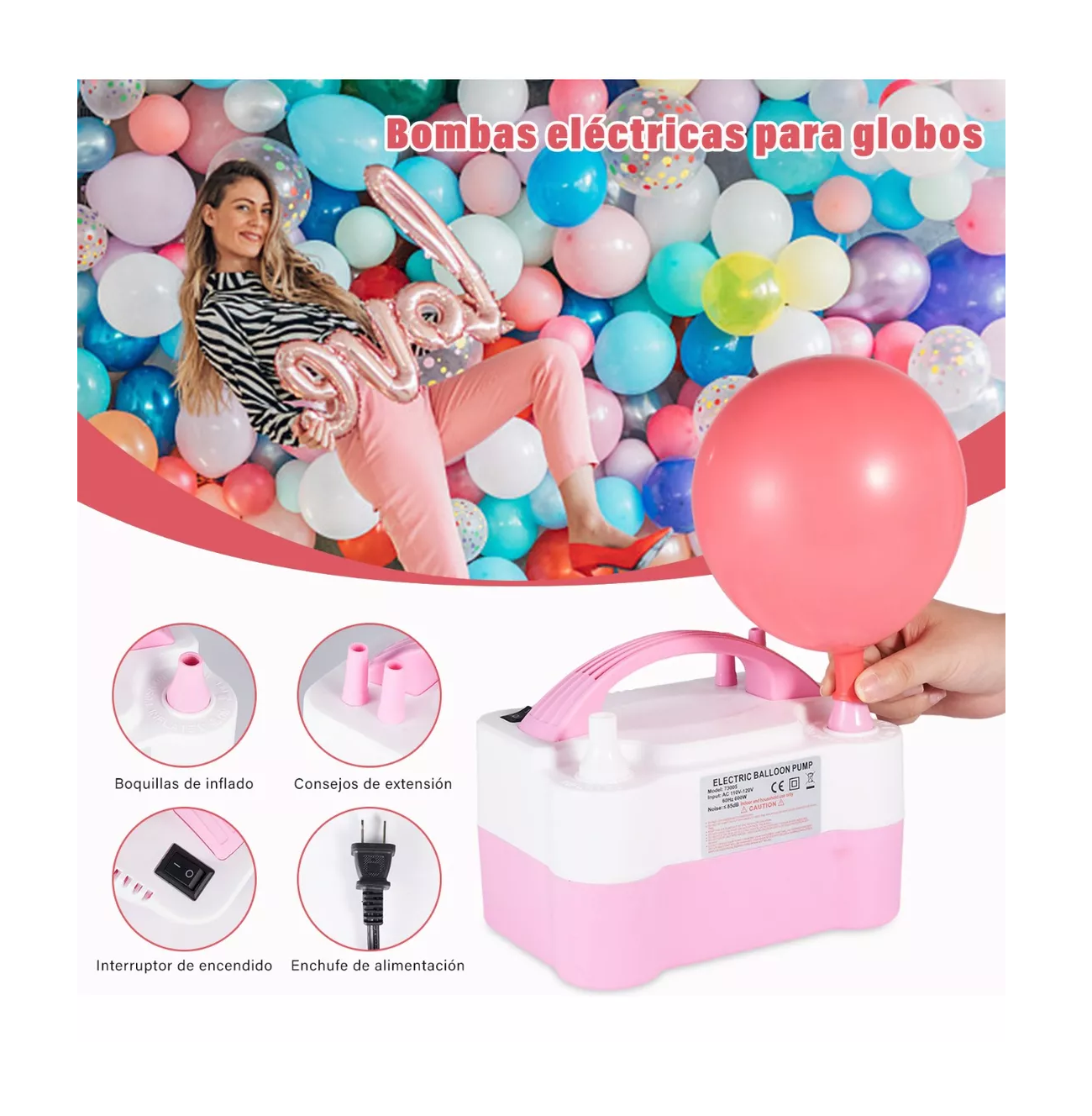 Foto 2 | Maquina para Inflar Globos BELUG color Rosa con Blanco Eléctrica Portátil