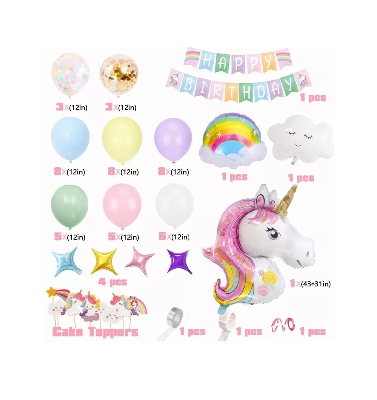 Foto 2 | Globos de Unicornio 3D para Decoración de Fiesta de Cumpleaños Belug Multicolor 57 Piezas