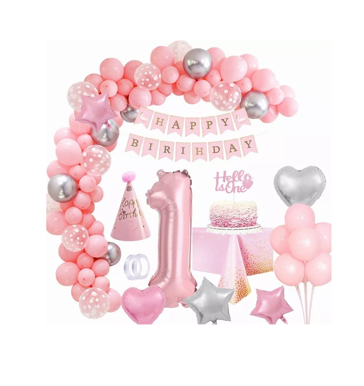 Decoraciones para Fiesta de Cumpleaños Belug color Rosa 1 Año 44 Piezas