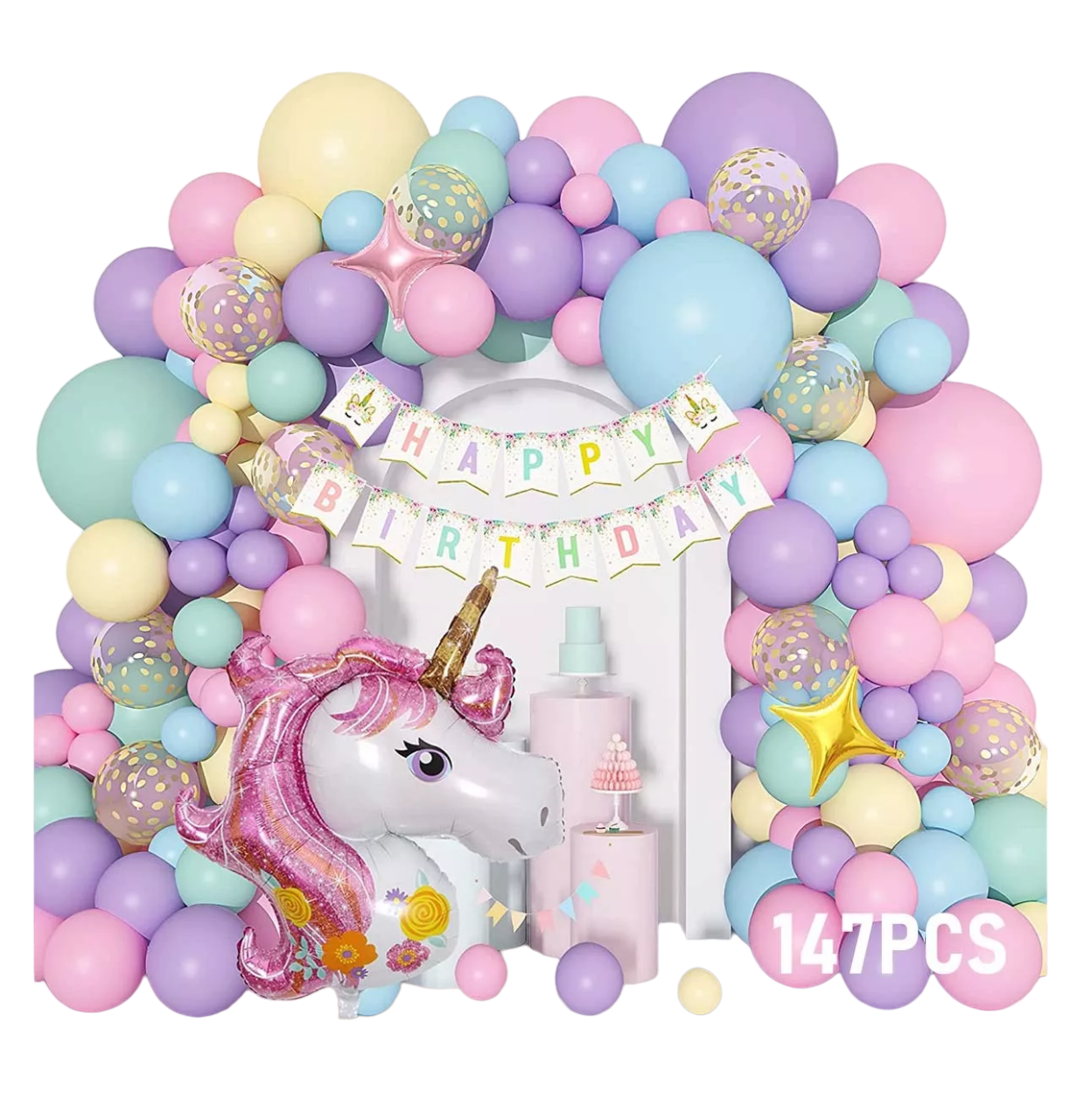 Kit De Decoraciones De Unicornio Fiesta Cumpleaños 147pcs, Rosa/blanco