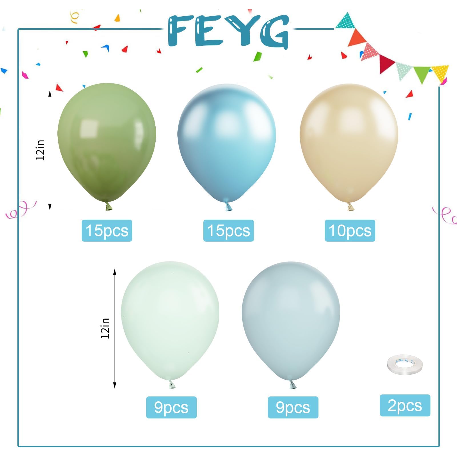 Foto 2 | Globos Feyg, Color Azul Y Verde, 60 Unidades, 30 Cm, Macarrones De Color Verde Aguacate - Venta Internacional.