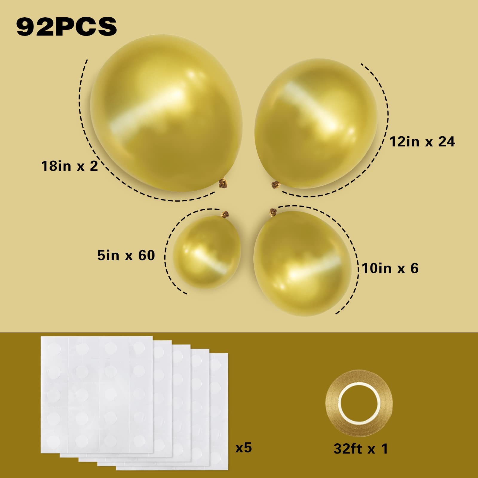 Foto 3 pulgar | Juego De Globos Rubfac Metallic Gold 92 Piezas Con Diferentes Tamaños - Venta Internacional.