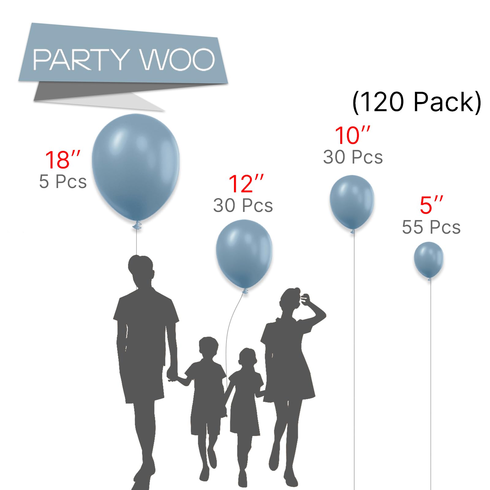 Foto 2 | Balloon Partywoo, Azul Grisáceo Claro, 120 Unidades, Azul Bohemio, 18, 12, 10, 5 - Venta Internacional.