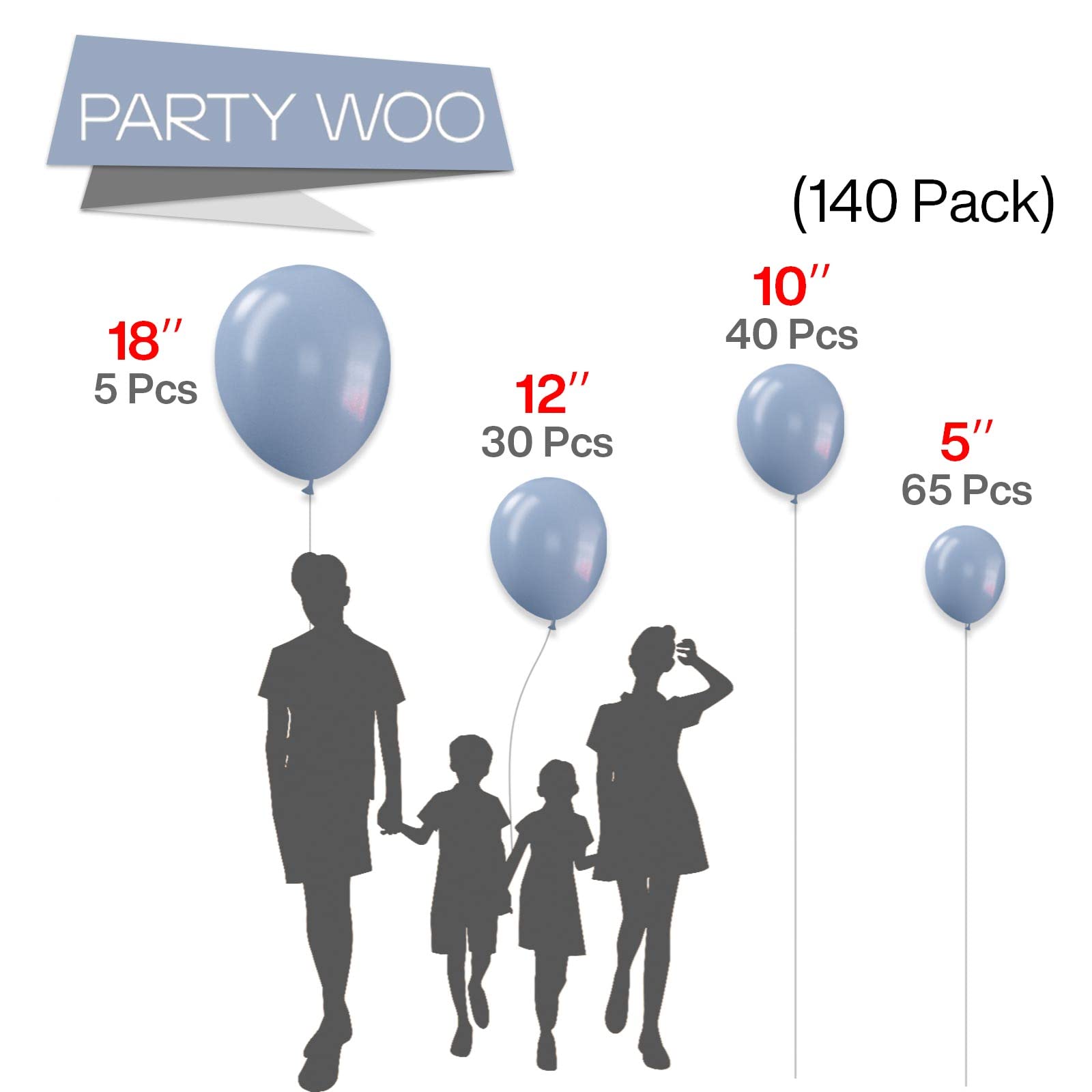 Foto 3 pulgar | Balloon Partywoo Dusty Blue 140 Unidades De Diferentes Tamaños - Venta Internacional.