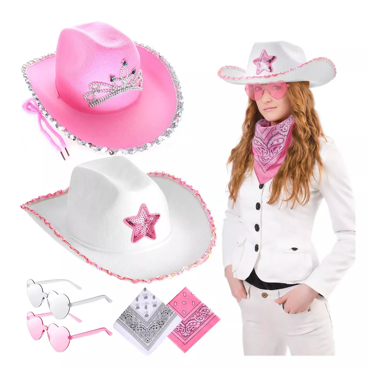 Foto 3 pulgar | Kit de Sombrero Vaquero de Fiesta con Gafas de Corazón y Bandana