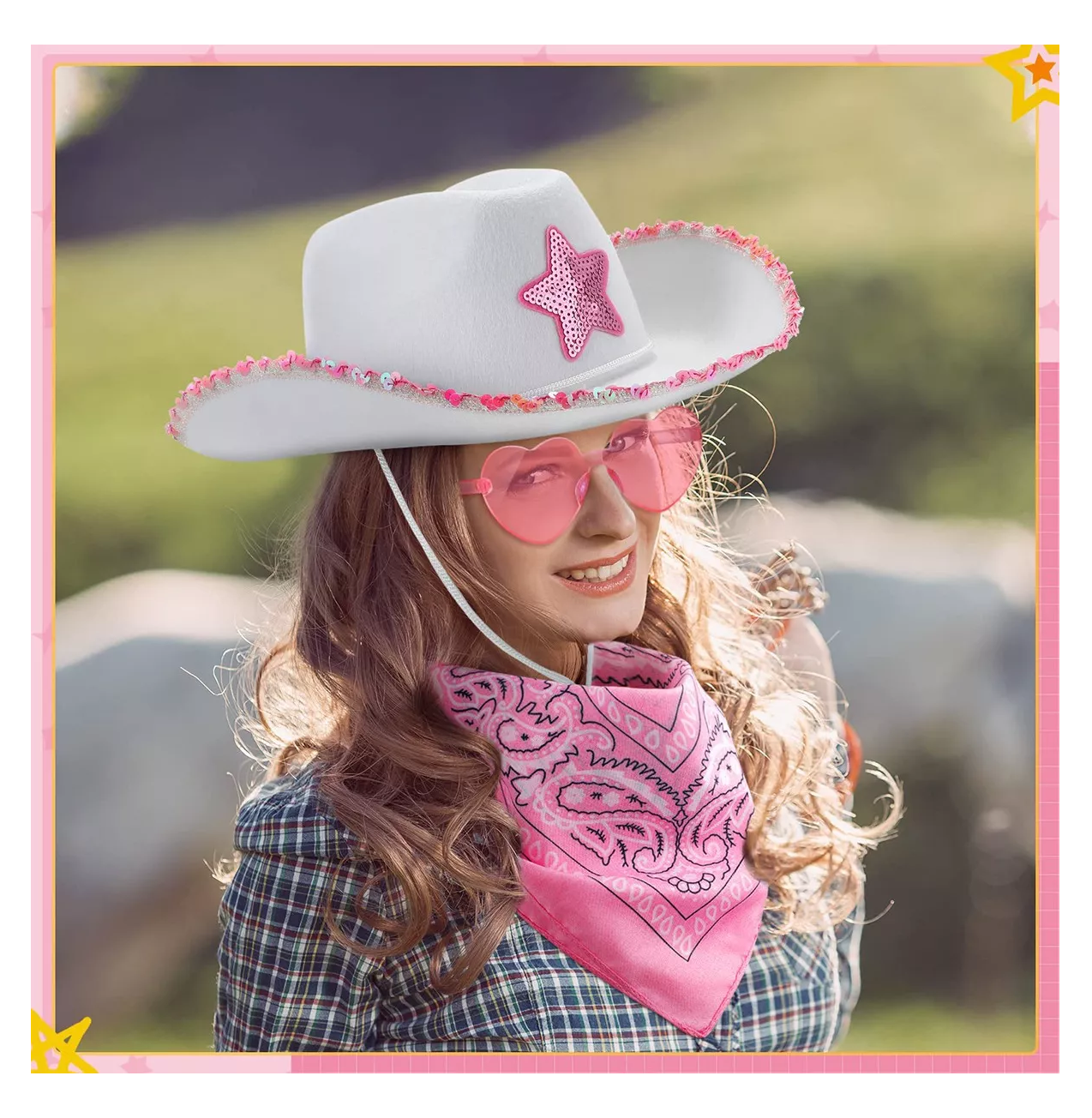 Foto 5 pulgar | Kit de Sombrero Vaquero de Fiesta con Gafas de Corazón y Bandana