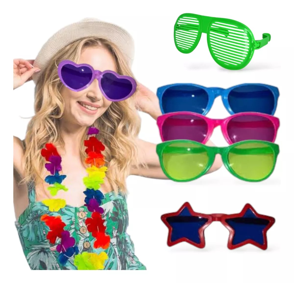 24 Pzas Lente Gigantes + Collares Hawaianos Fiesta Batucada