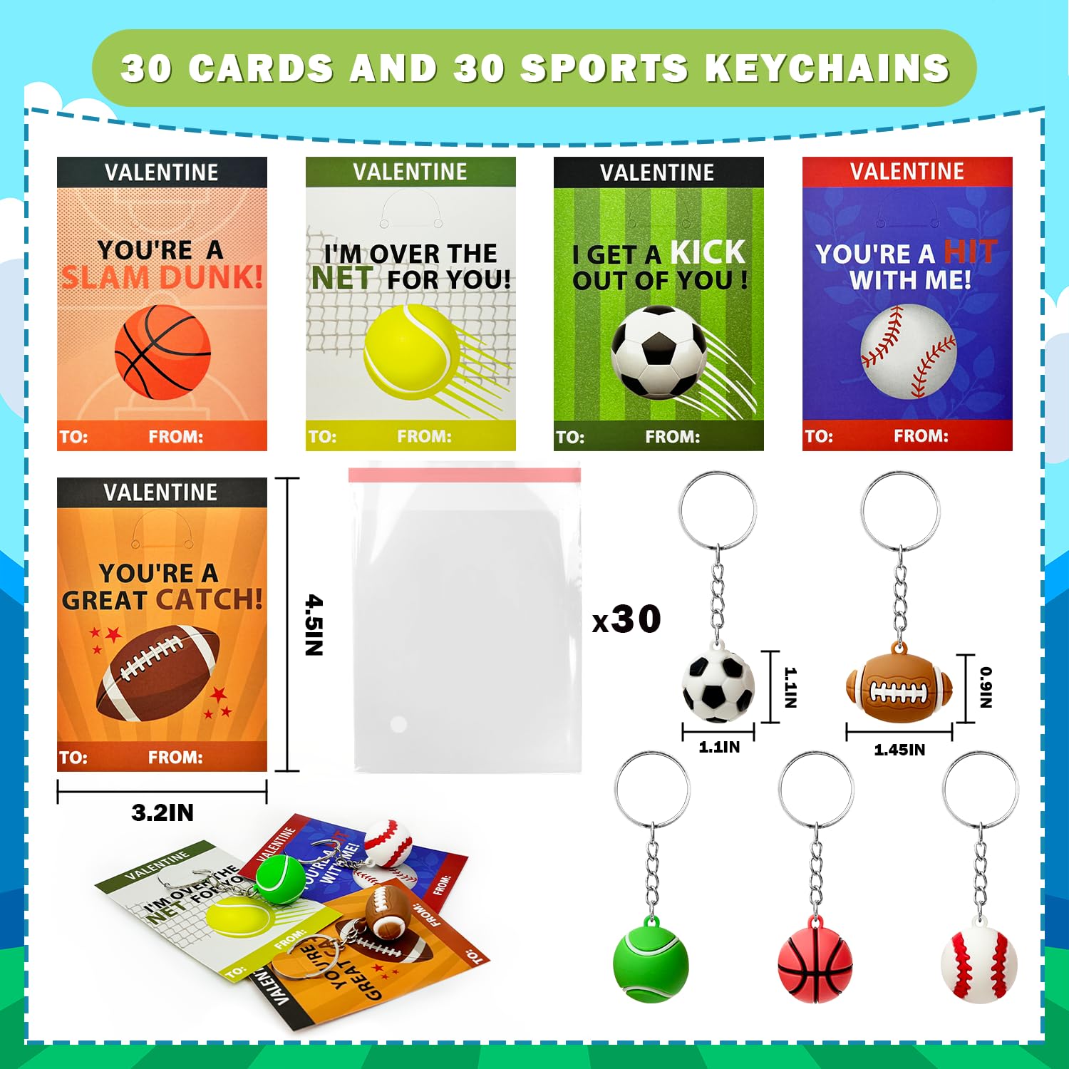 Foto 3 pulgar | Tarjetas De Regalo De San Valentín Para Niños, Paquete De 30 Con Llaveros Deportivos - Venta Internacional.