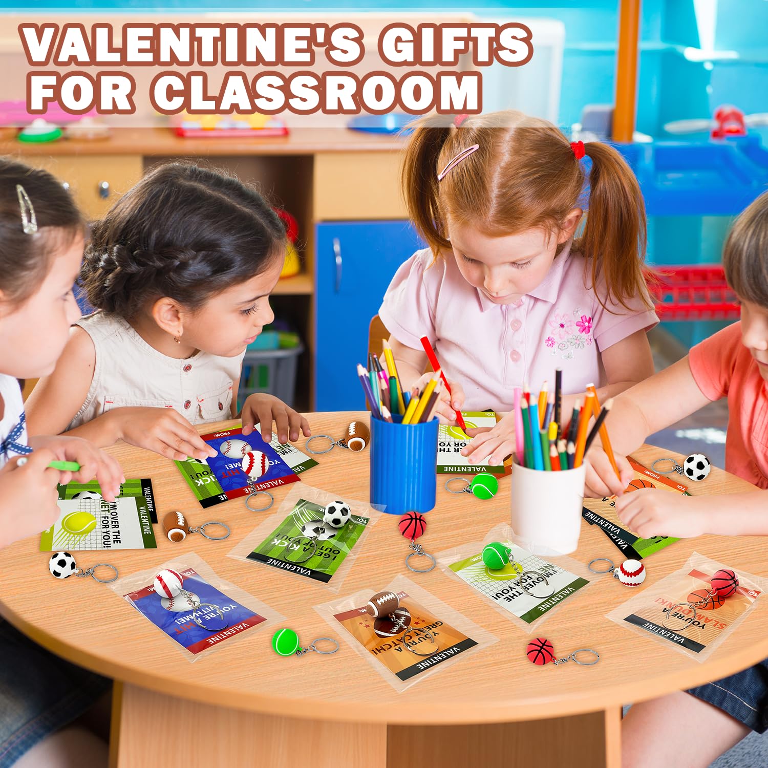 Foto 5 | Tarjetas De Regalo De San Valentín Para Niños, Paquete De 30 Con Llaveros Deportivos - Venta Internacional.
