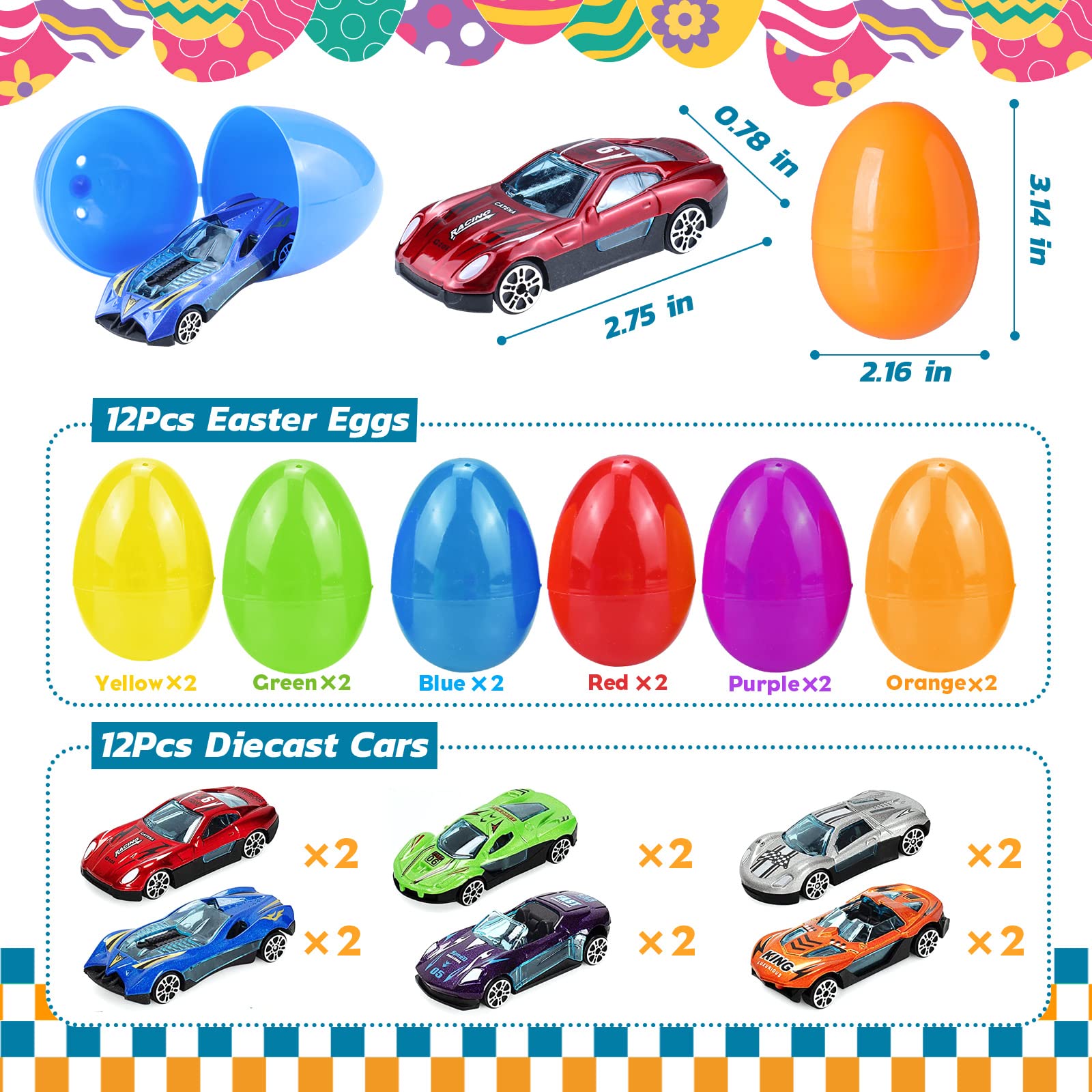 Foto 3 pulgar | Huevos De Pascua Letapapa Con Coches Fundidos A Presión Para Niños Y Niños, Paquete De 12 - Venta Internacional.