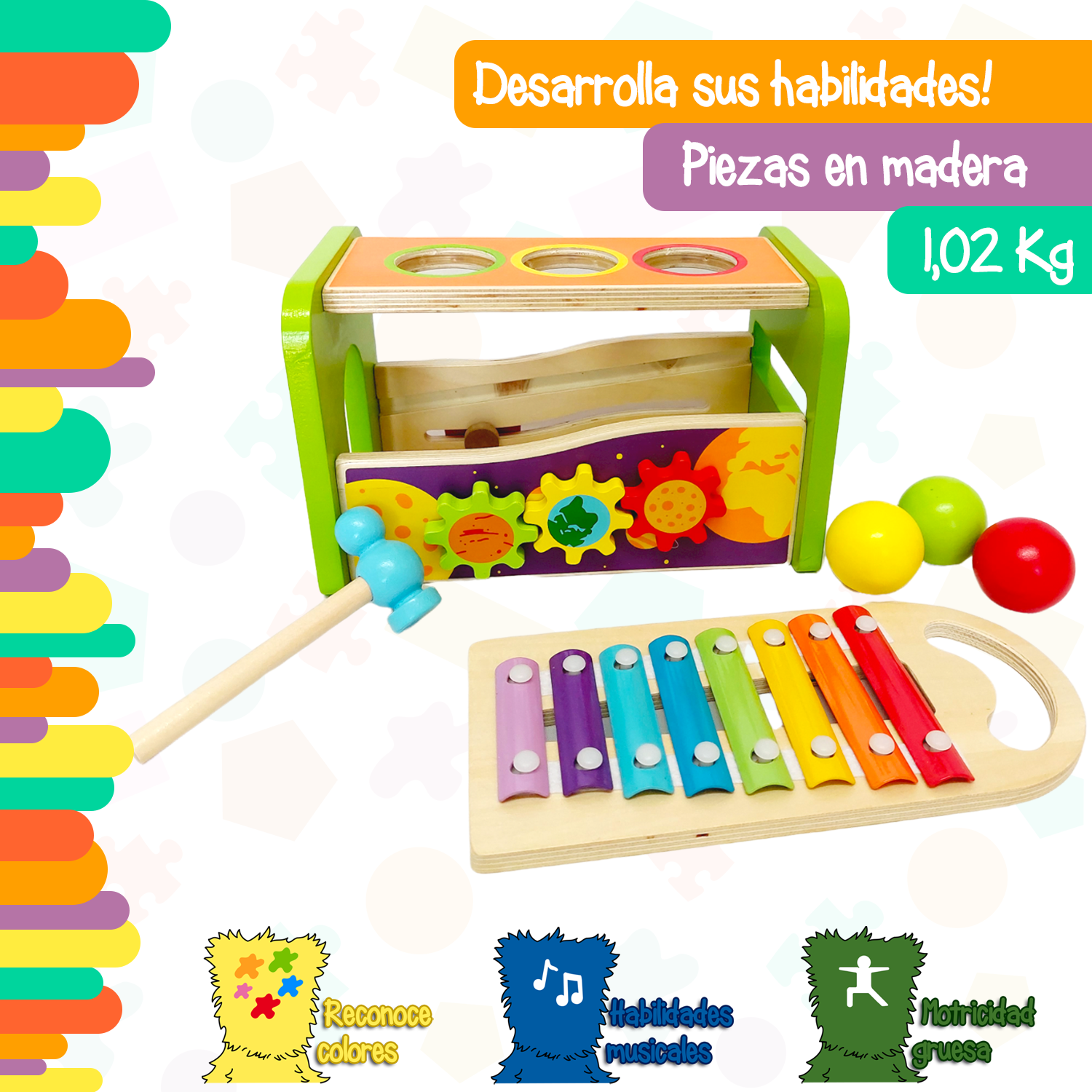 Foto 3 pulgar | Banco de Golpeo Multijuego Yuff! Montessori Multicolor de Madera