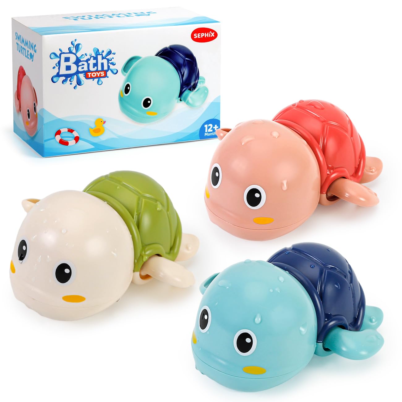 Venta Internacional - Tortuga Nadadora Sephix De Bath Toys Para Niños De 1 A 3 Años Con Cuerda, Paquete De 3