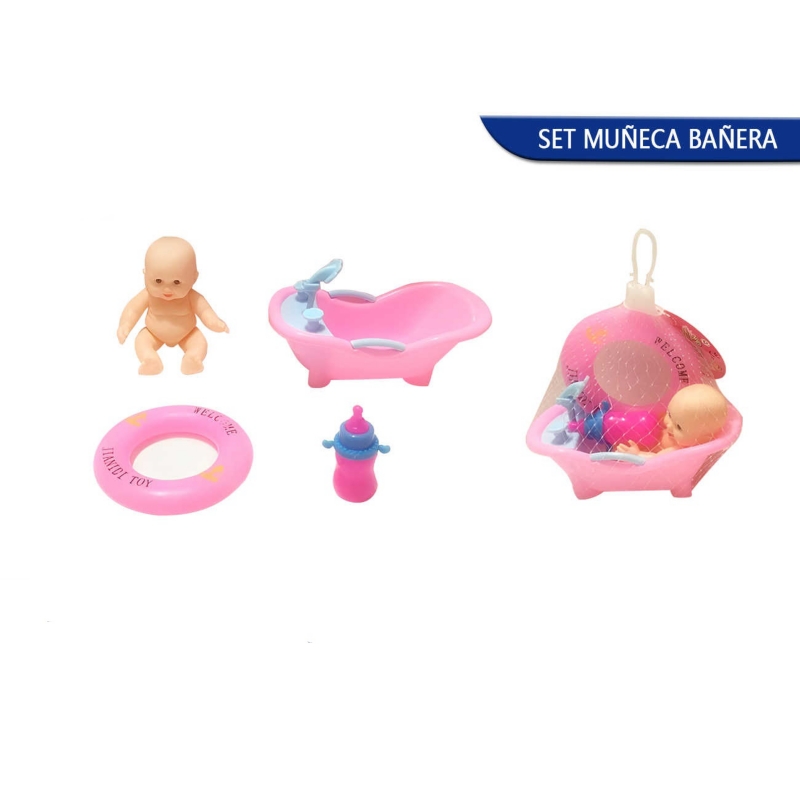 Bonito Juguete Para Niñas De 9 Cm De Altura Con Bañera, Biberón Y Flotador - Venta Internacional.