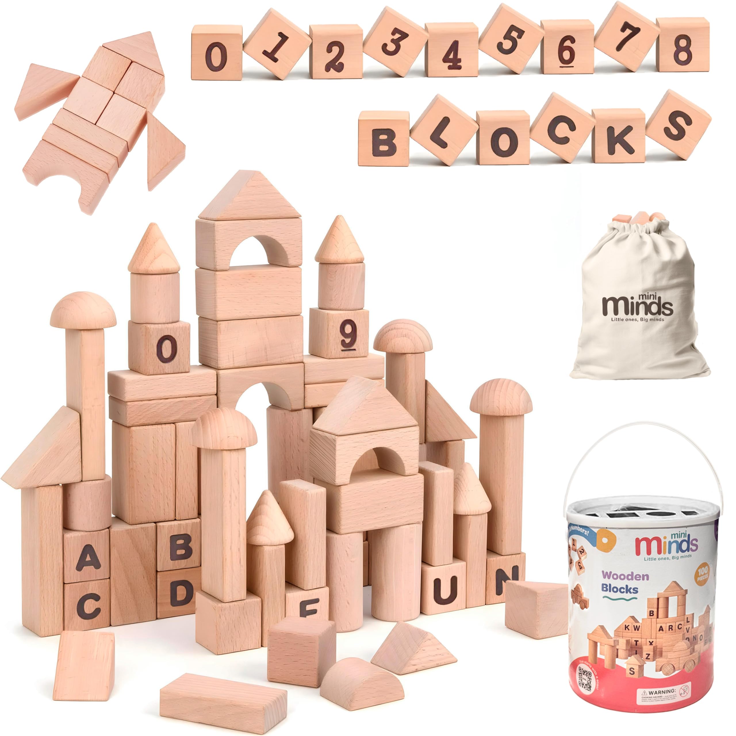 Foto 1 | Bloques De Madera Mini Minds 100 Bloques De Construcción Con Letras Y Números - Venta Internacional.