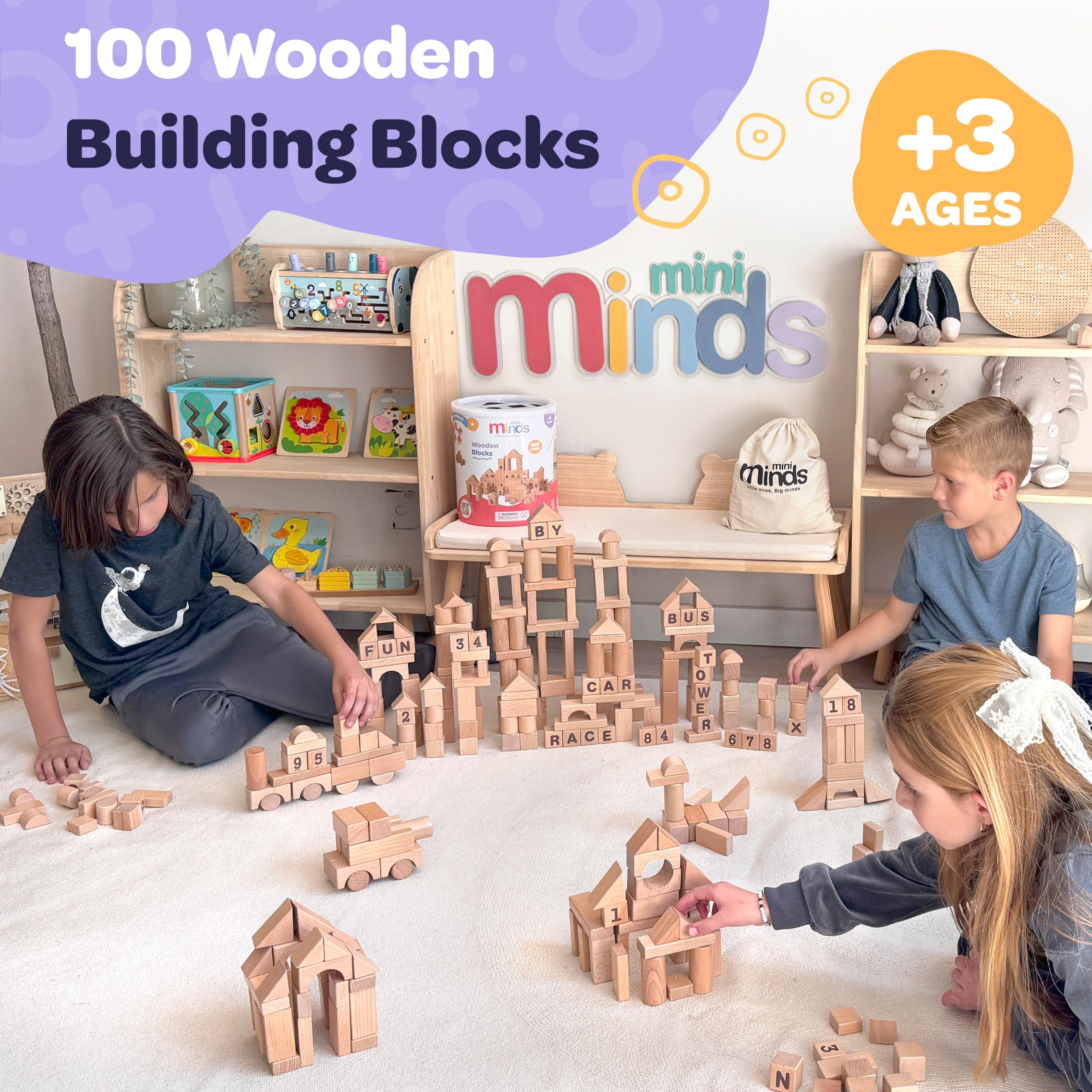 Foto 2 | Bloques De Madera Mini Minds 100 Bloques De Construcción Con Letras Y Números - Venta Internacional.
