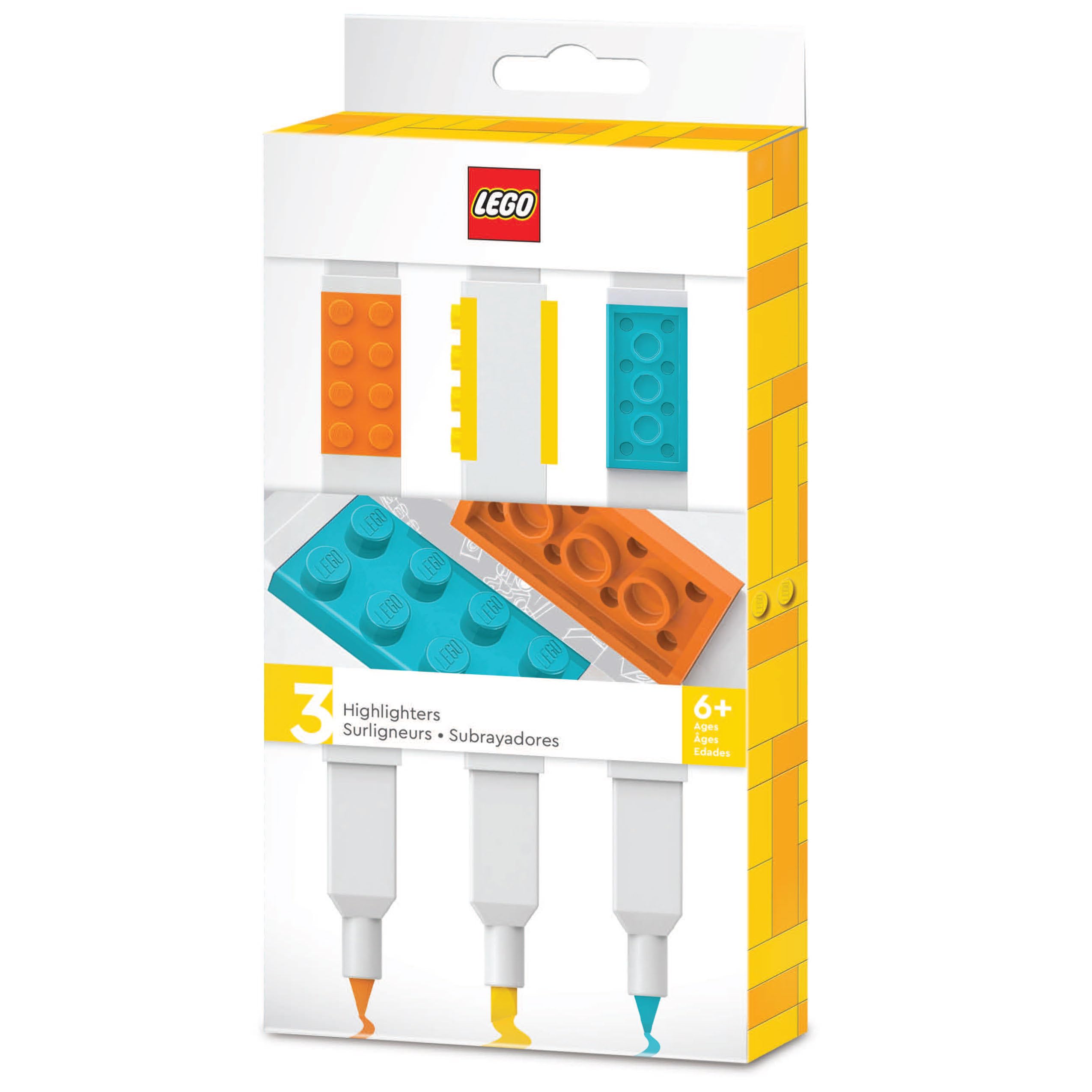 Marcadores De Papelería Lego 3 Pack Con Ladrillos De Construcción 4x2 - Amarillo, Naranja Y Azul - Venta Internacional.