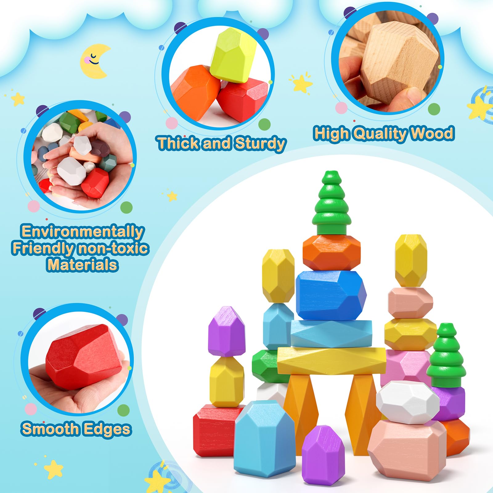 Foto 5 pulgar | Juguetes De Madera Stacking Rocks Rurvale Montessori, 40 Piezas Para 1 A 3 - Venta Internacional.