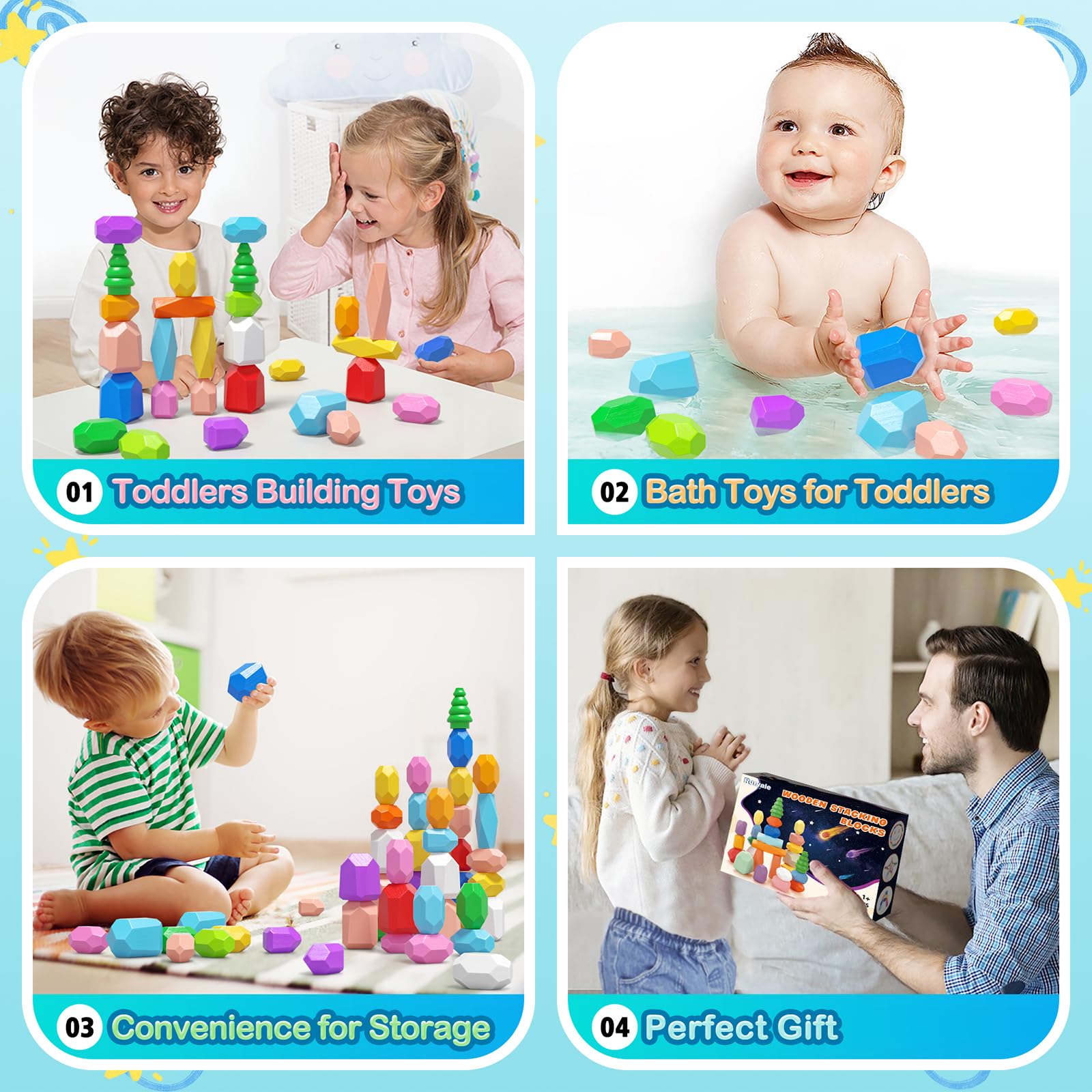 Foto 5 | Juguetes De Madera Stacking Rocks Rurvale Montessori, 40 Piezas Para 1 A 3 - Venta Internacional.