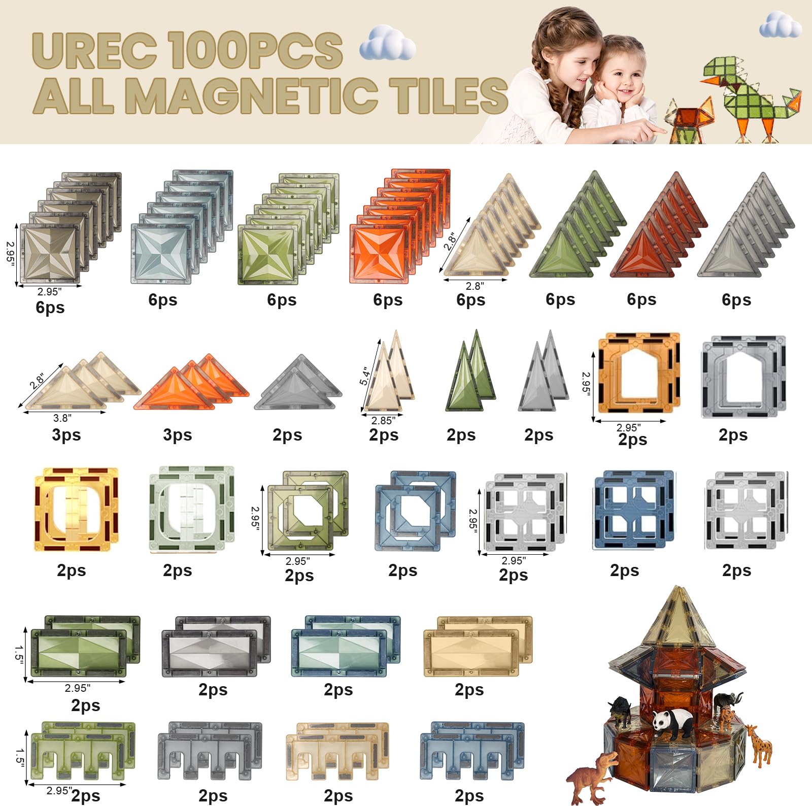 Foto 7 | Bloques De Construcción Urec De Magnetic Tiles, 100 Unidades, Para Niños Mayores De 3 Años - Venta Internacional.