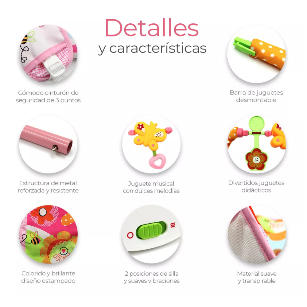 Foto 6 pulgar | Silla Vibradora Mecedora De Bebe Musical Con Juegos Belug, Rosa