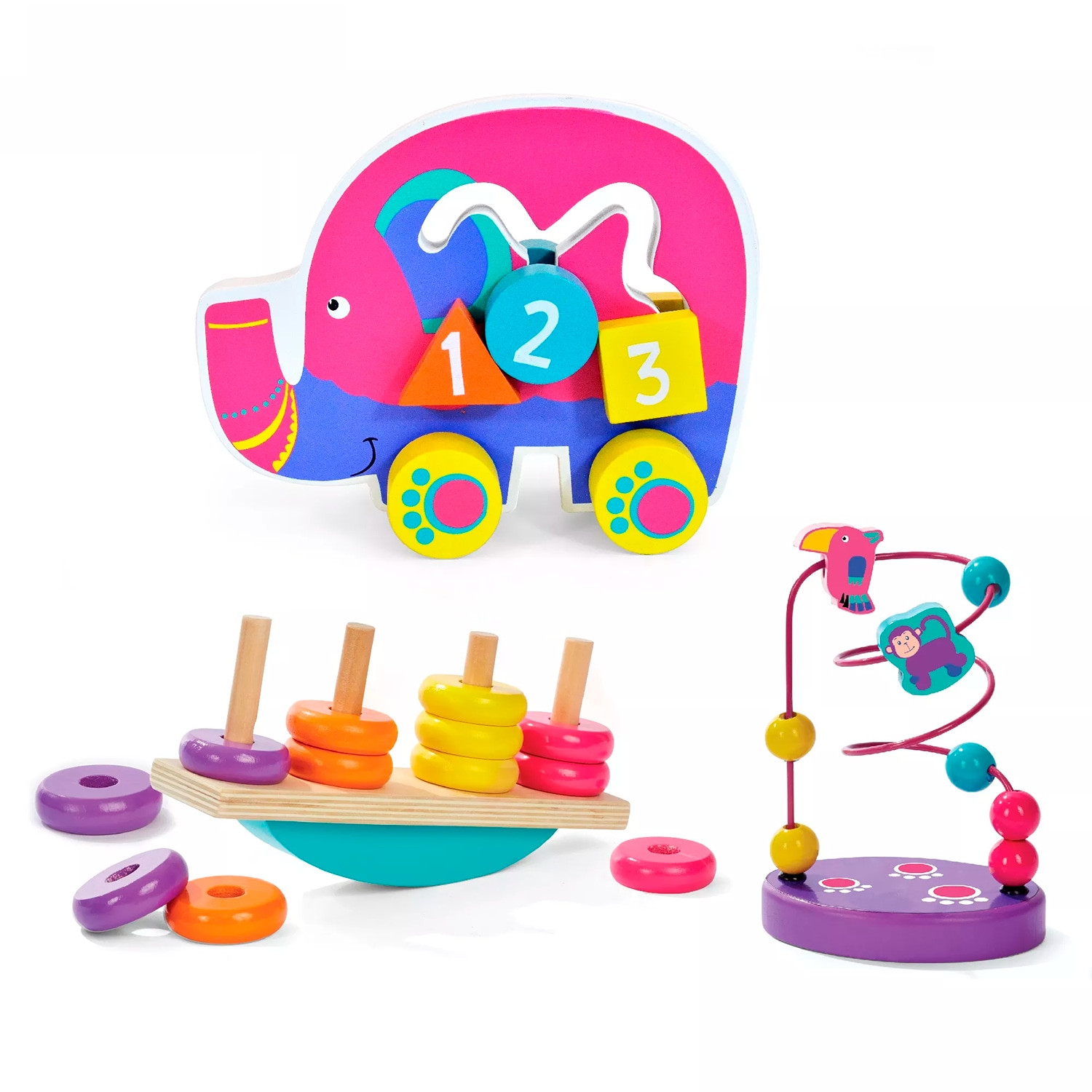 Elefante con Ruedas y Figuras Deslizables Laberinto con Cuentas y Balanza con Aros Yuff! Montessori Juguete de Madera $599