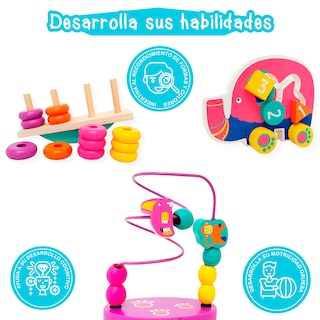Foto 2 | Elefante con Ruedas y Figuras Deslizables Laberinto con Cuentas y Balanza con Aros Yuff! Montessori Juguete de Madera