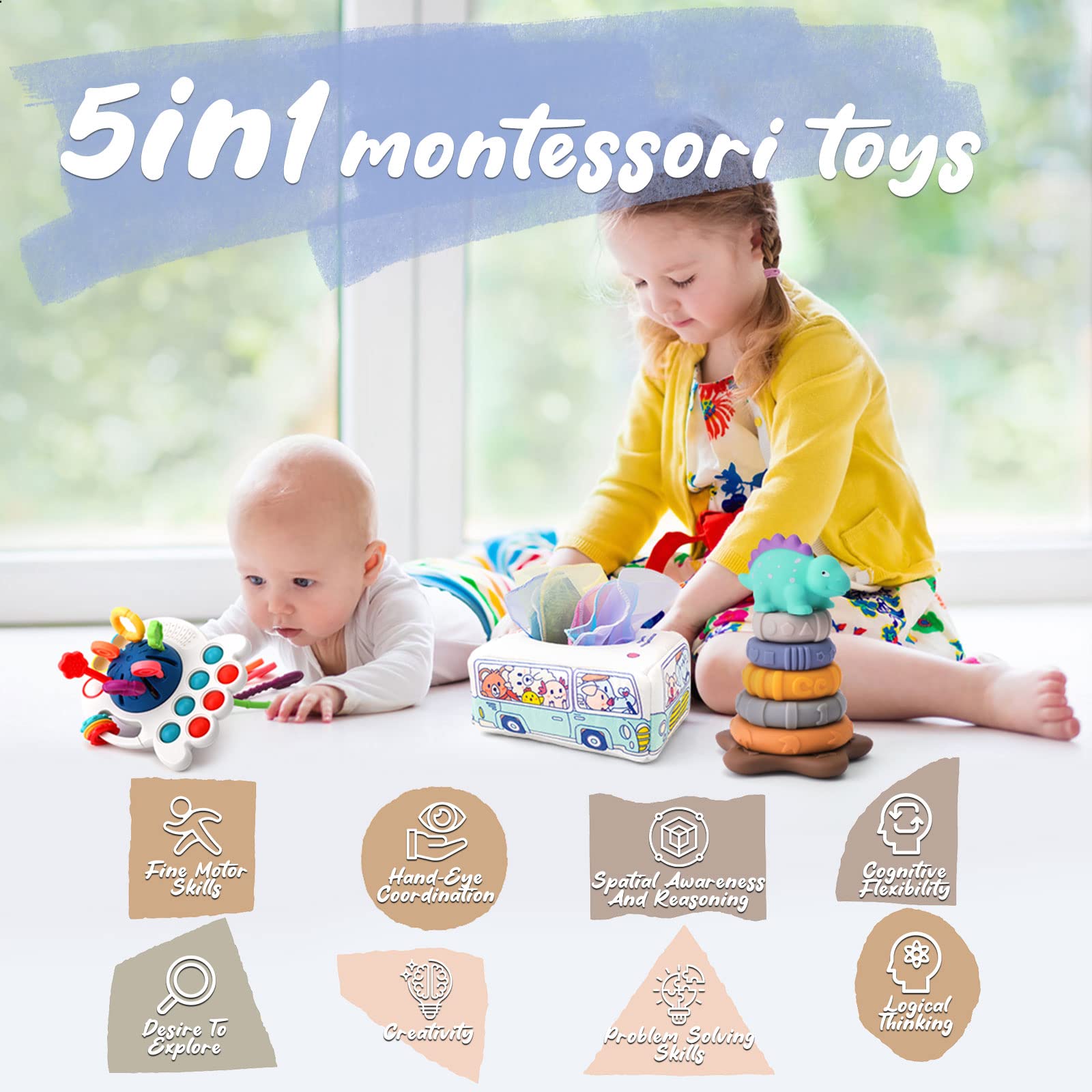Foto 3 pulgar | Venta Internacional - Juego De Juguetes Montessori Para Bebés 5 En 1 Con Clasificador De Formas, Caja De Pañuelos