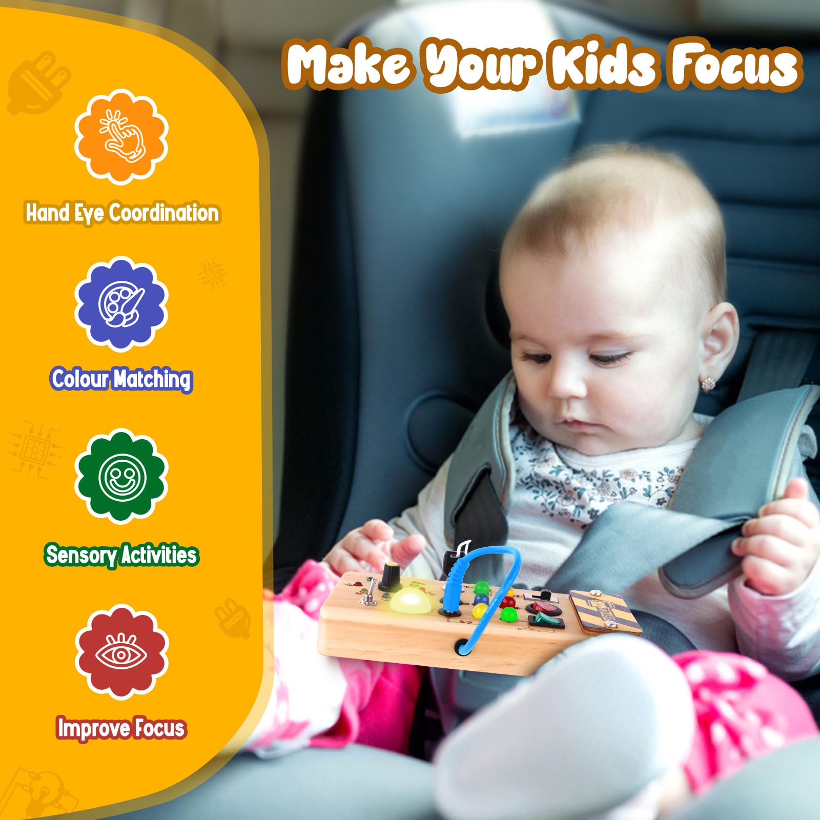 Foto 6 pulgar | Tabla Montessori De Madera Para Ocupantes Sensory Toy Con 8 Luces Led 1+y - Venta Internacional.