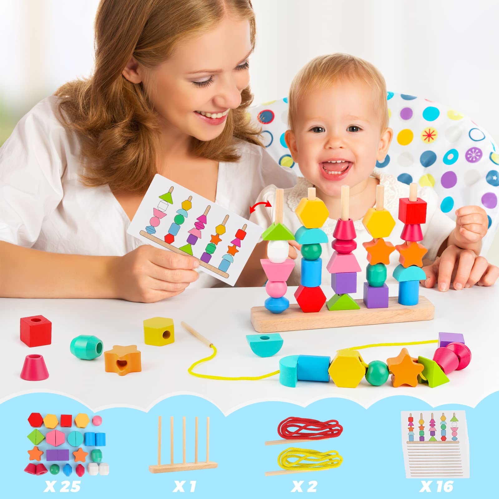 Foto 2 | Juego De Juguetes Montessori De Cuentas De Madera Para Secuenciar, Apilar Y Atar - Venta Internacional.