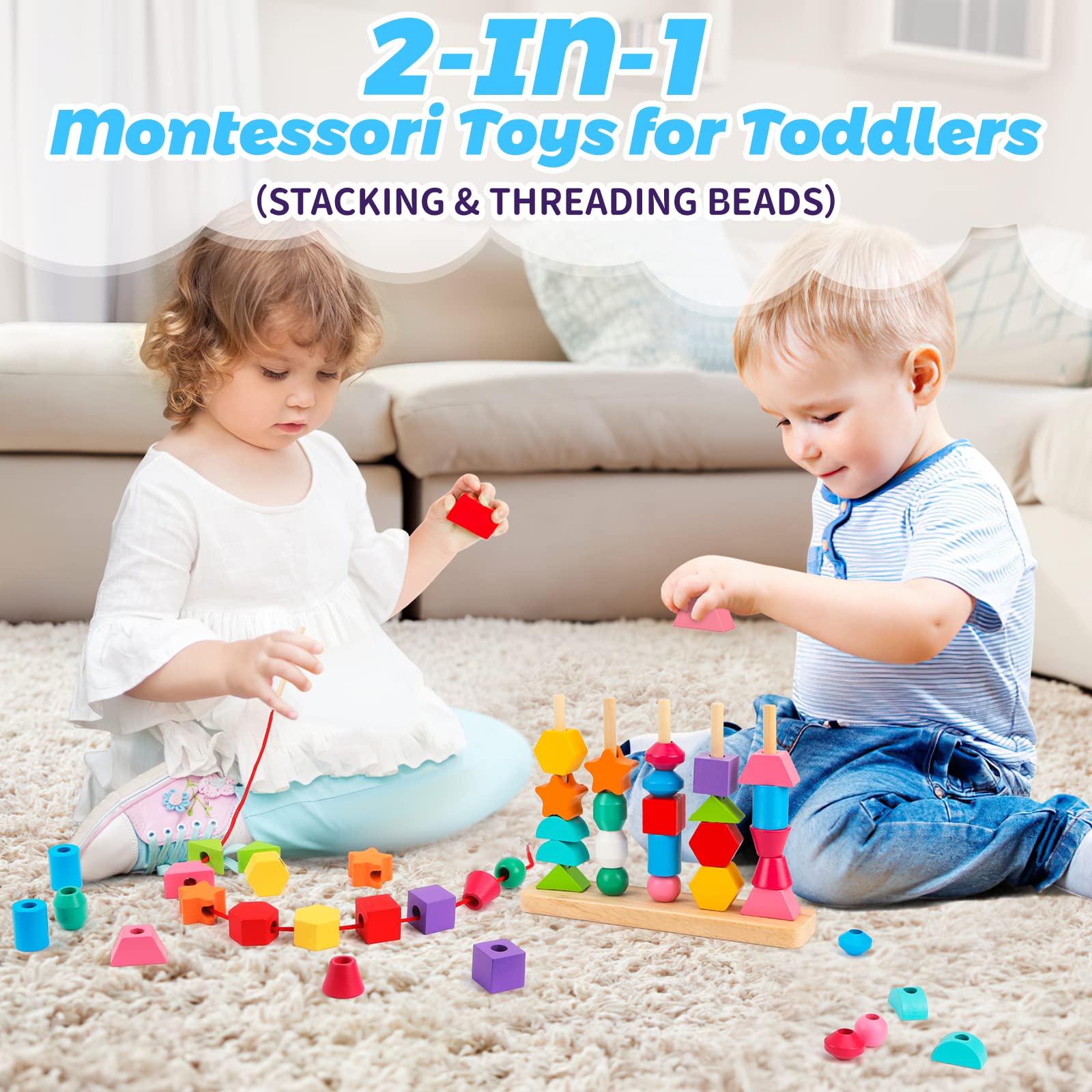 Foto 3 | Juego De Juguetes Montessori De Cuentas De Madera Para Secuenciar, Apilar Y Atar - Venta Internacional.