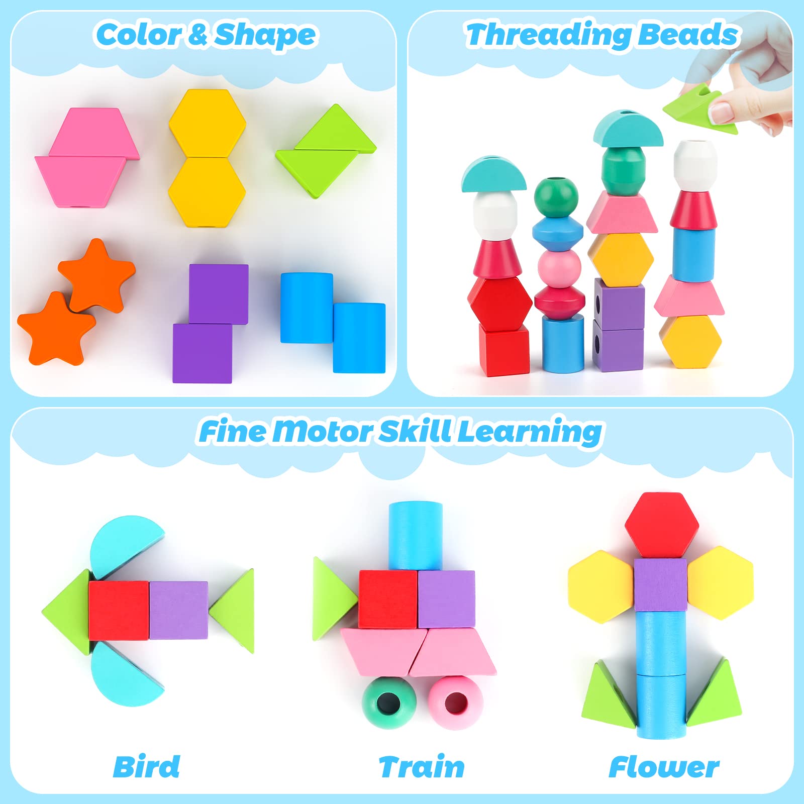 Foto 6 pulgar | Juego De Juguetes Montessori De Cuentas De Madera Para Secuenciar, Apilar Y Atar - Venta Internacional.