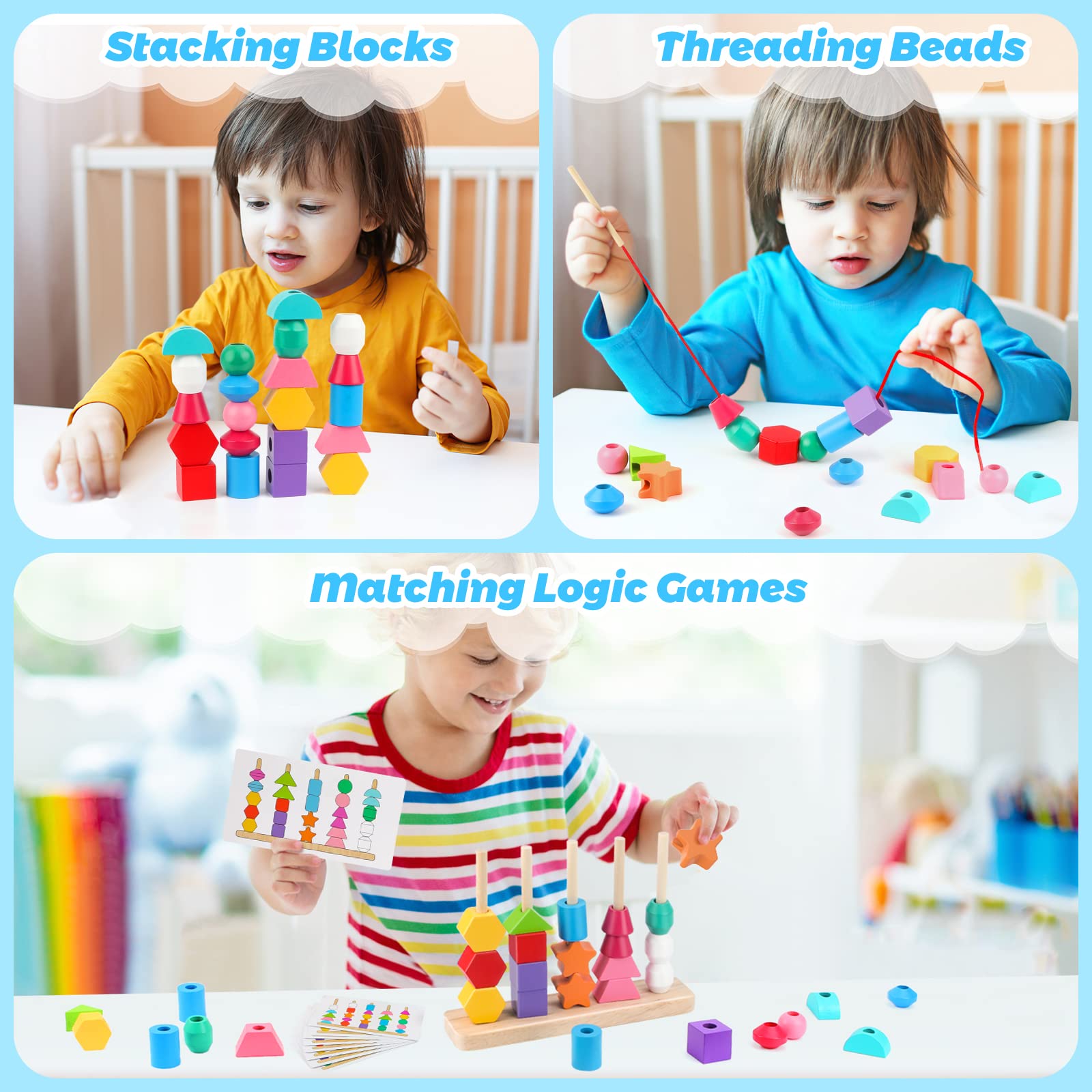 Foto 7 | Juego De Juguetes Montessori De Cuentas De Madera Para Secuenciar, Apilar Y Atar - Venta Internacional.