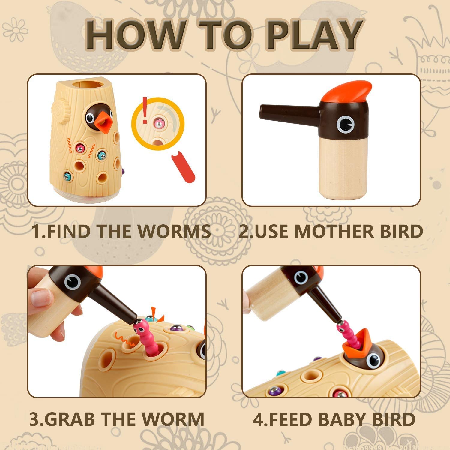 Foto 4 pulgar | Juego Magnético Montessori Toy Top Bright Woodpecker Worm Para 2 Años - Venta Internacional.