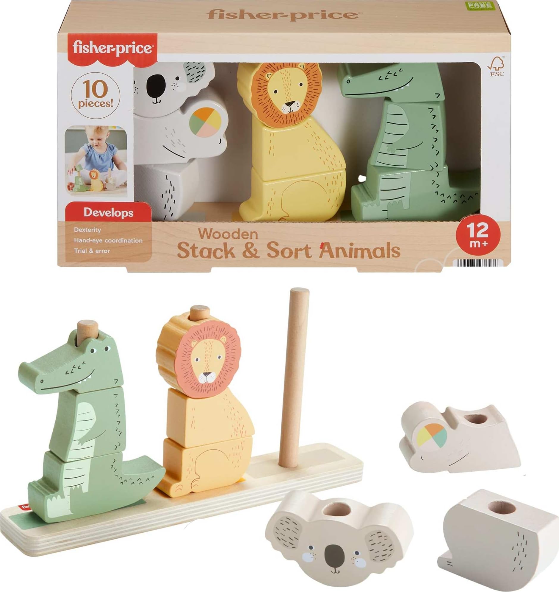 Juguete Fisher-price Wood Baby Stack & Sort Animals, 10 Unidades - Venta Internacional.