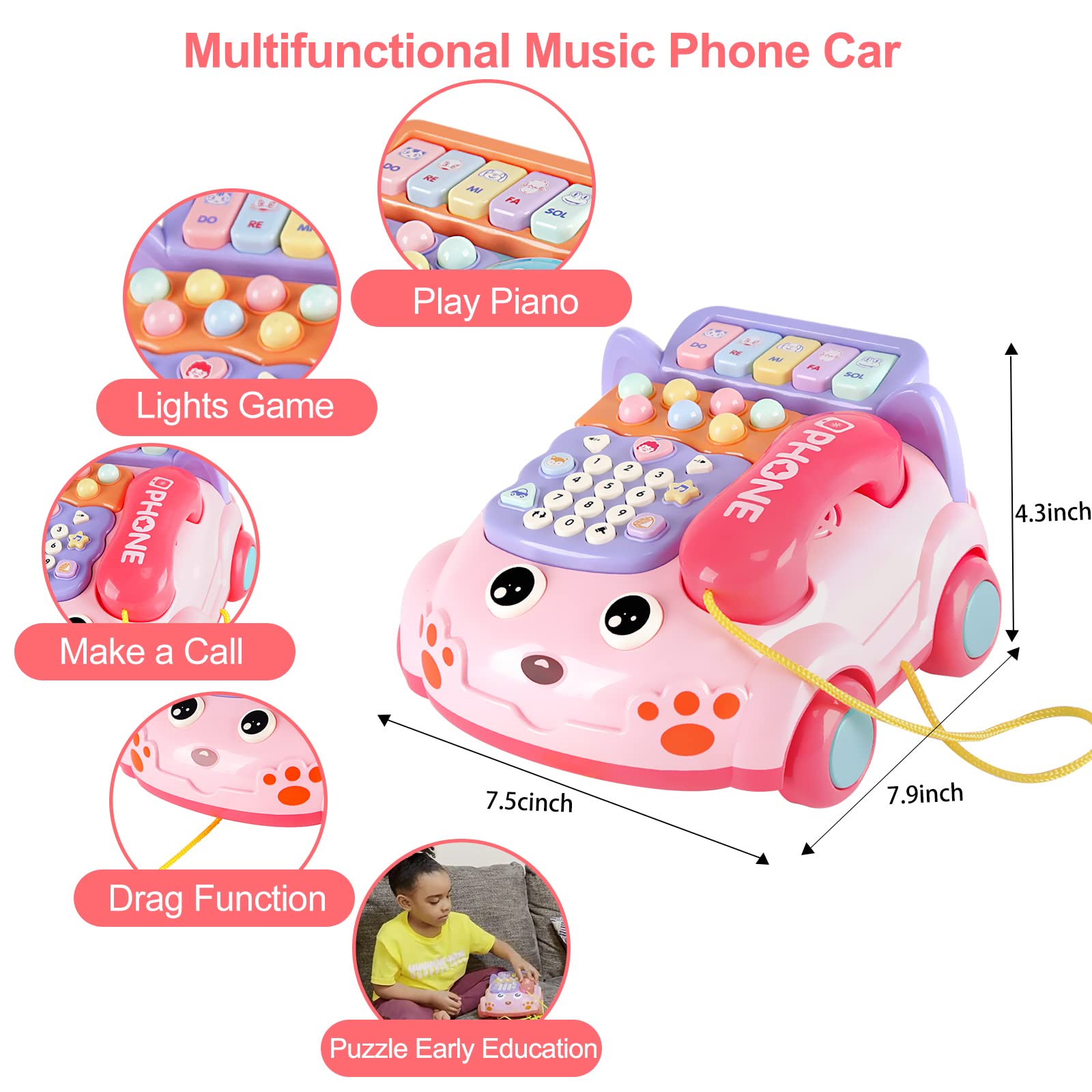 Foto 3 pulgar | Venta Internacional - Teléfono Para Bebé Kimery Cartoon Baby Piano Music, Rosa Claro