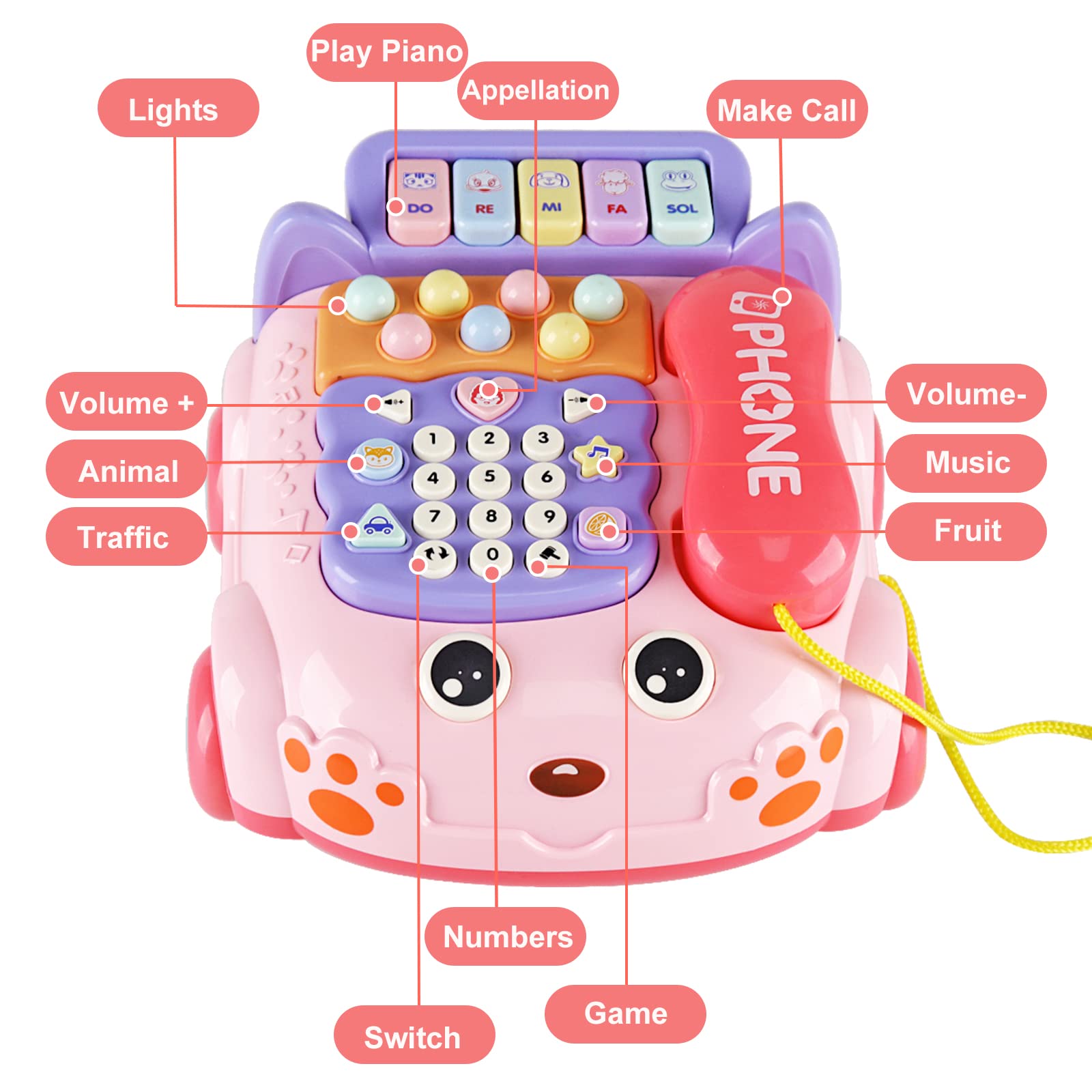 Foto 4 pulgar | Venta Internacional - Teléfono Para Bebé Kimery Cartoon Baby Piano Music, Rosa Claro