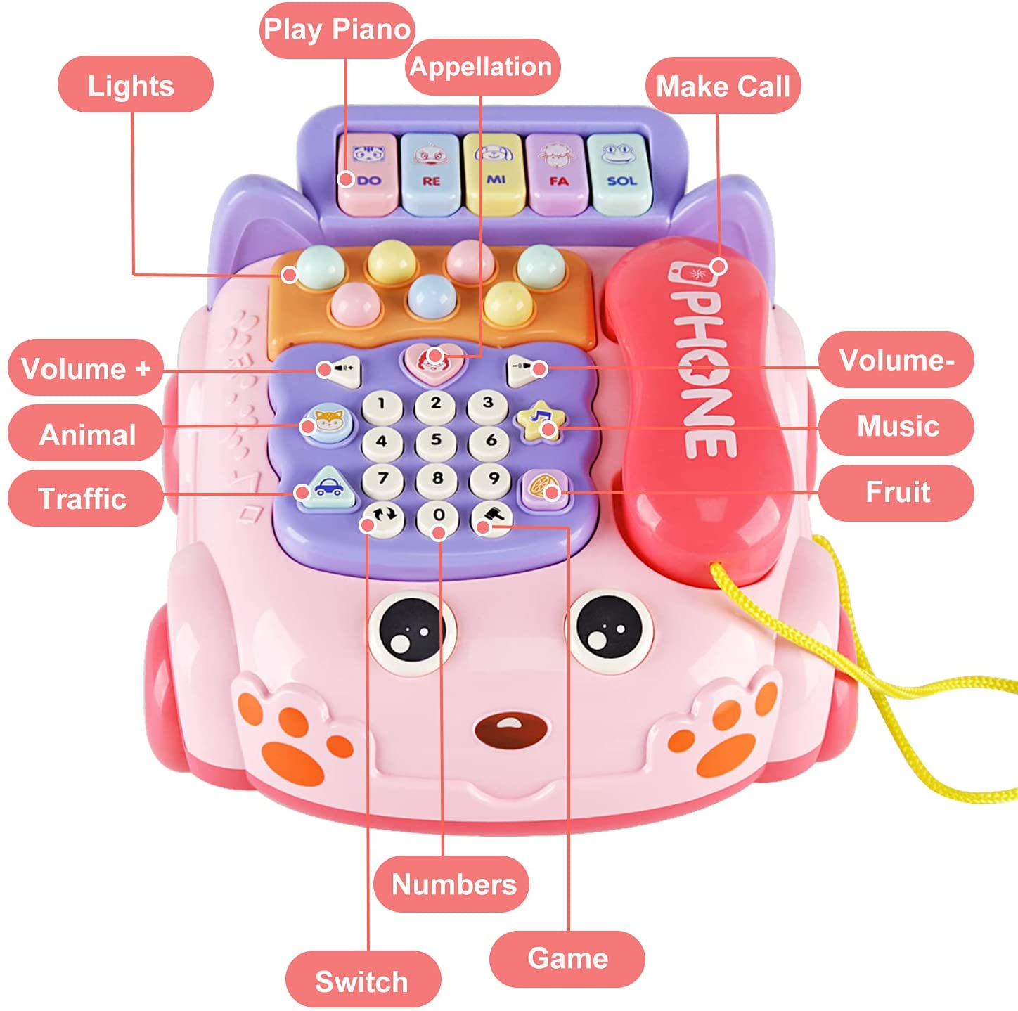 Foto 5 | Teléfono Para Bebé Kimery Cartoon Baby Piano Music, Rosa Claro - Venta Internacional.