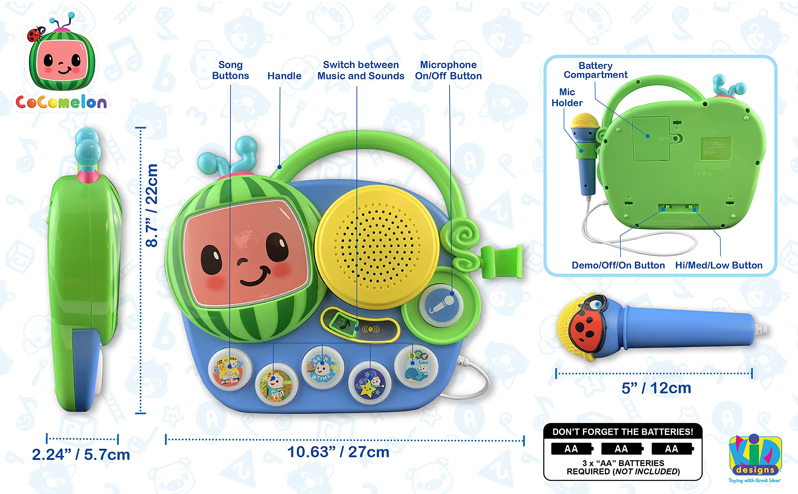 Foto 6 | Boombox Cocomelon con Micrófono Luces parpadeantes y Música Integrada - Venta Internacional
