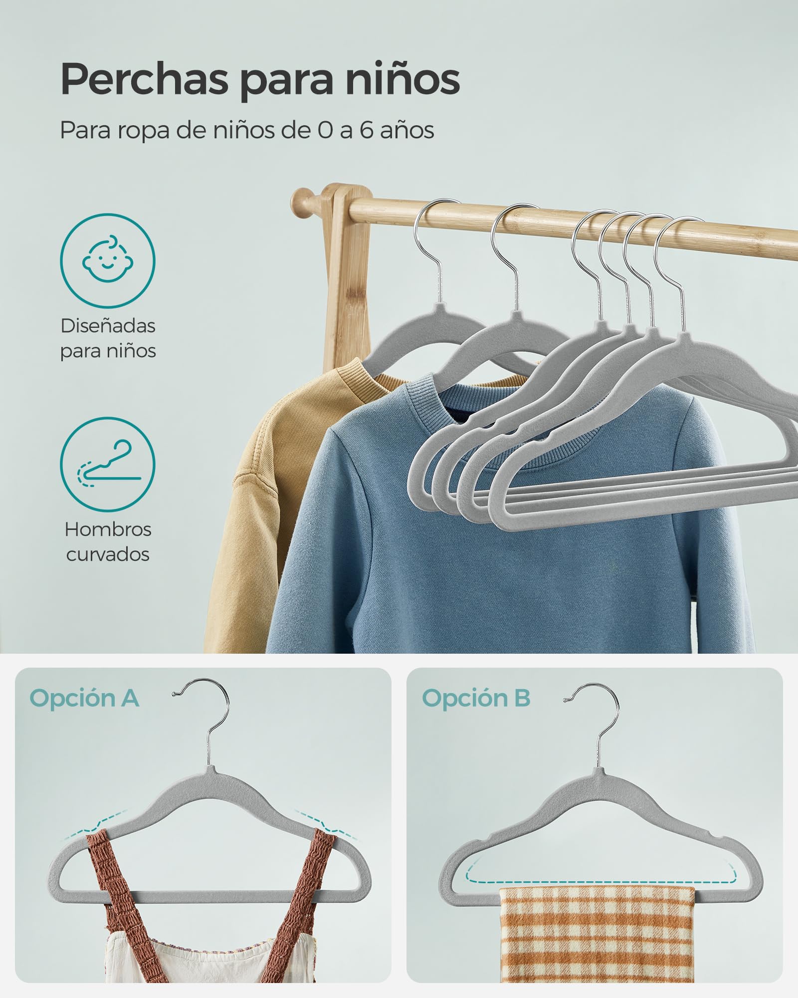 Foto 7 pulgar | Juego De 50 Perchas De Terciopelo Para Niños Songmics, Color Gris