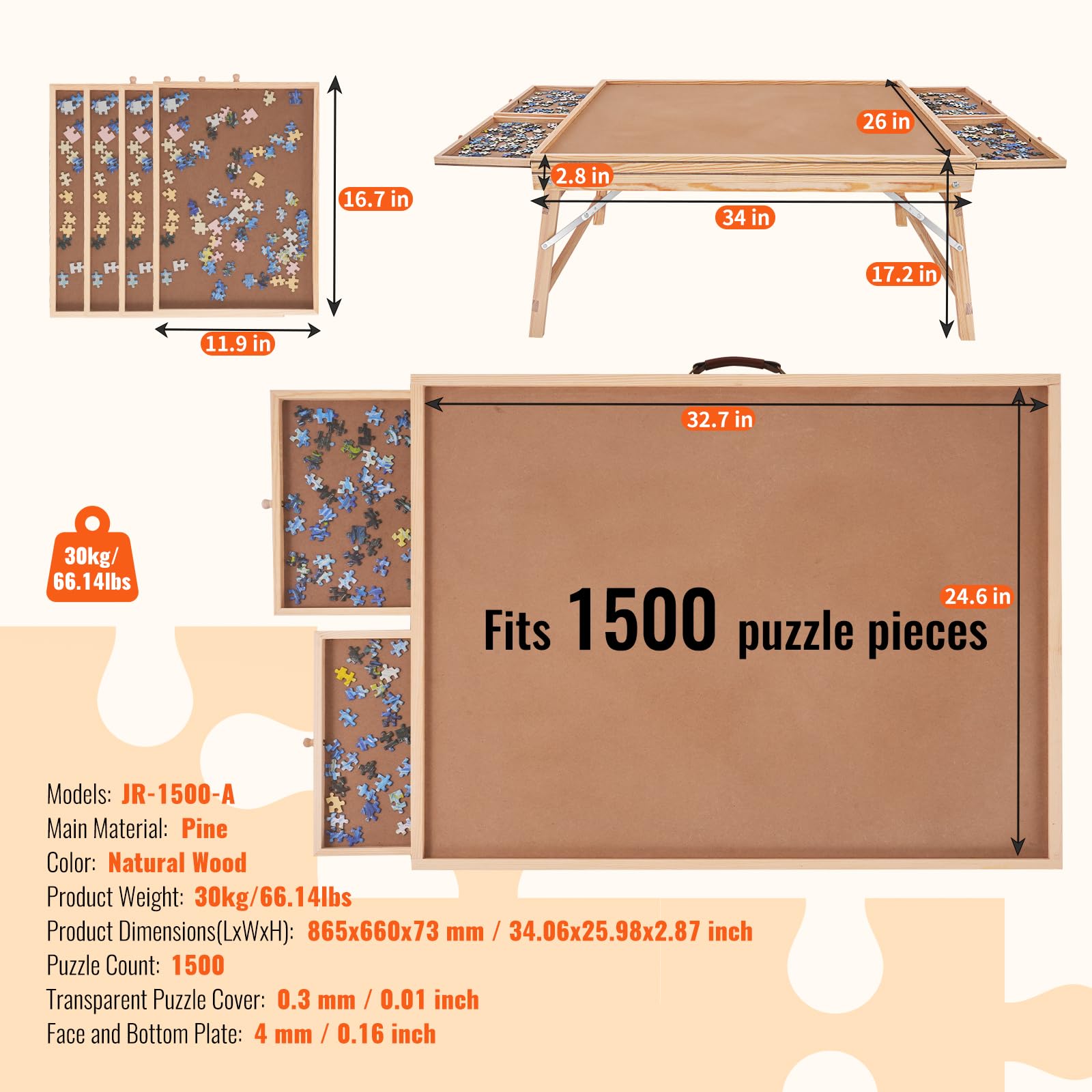 Foto 7 | Mesa para Armar Rompecabezas Vevor con Patas Plegables 4 Cajones y Funda - Venta Internacional