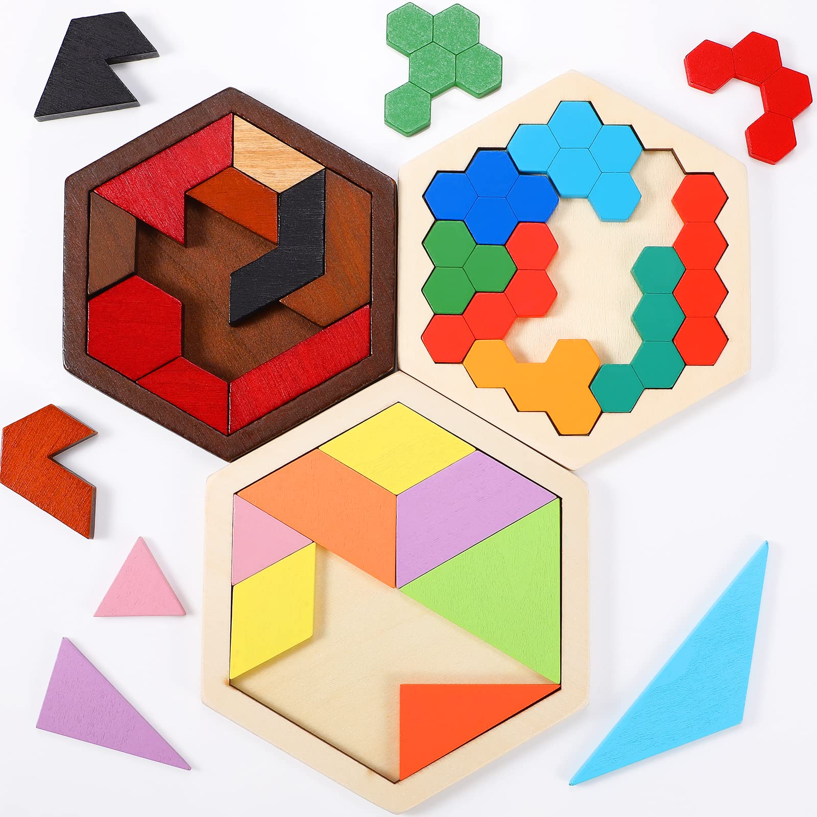 Juego De 3 Rompecabezas En Forma De Tangram Con Forma De Hexágono De Madera Jerify Para Todas Las Ed - Venta Internac