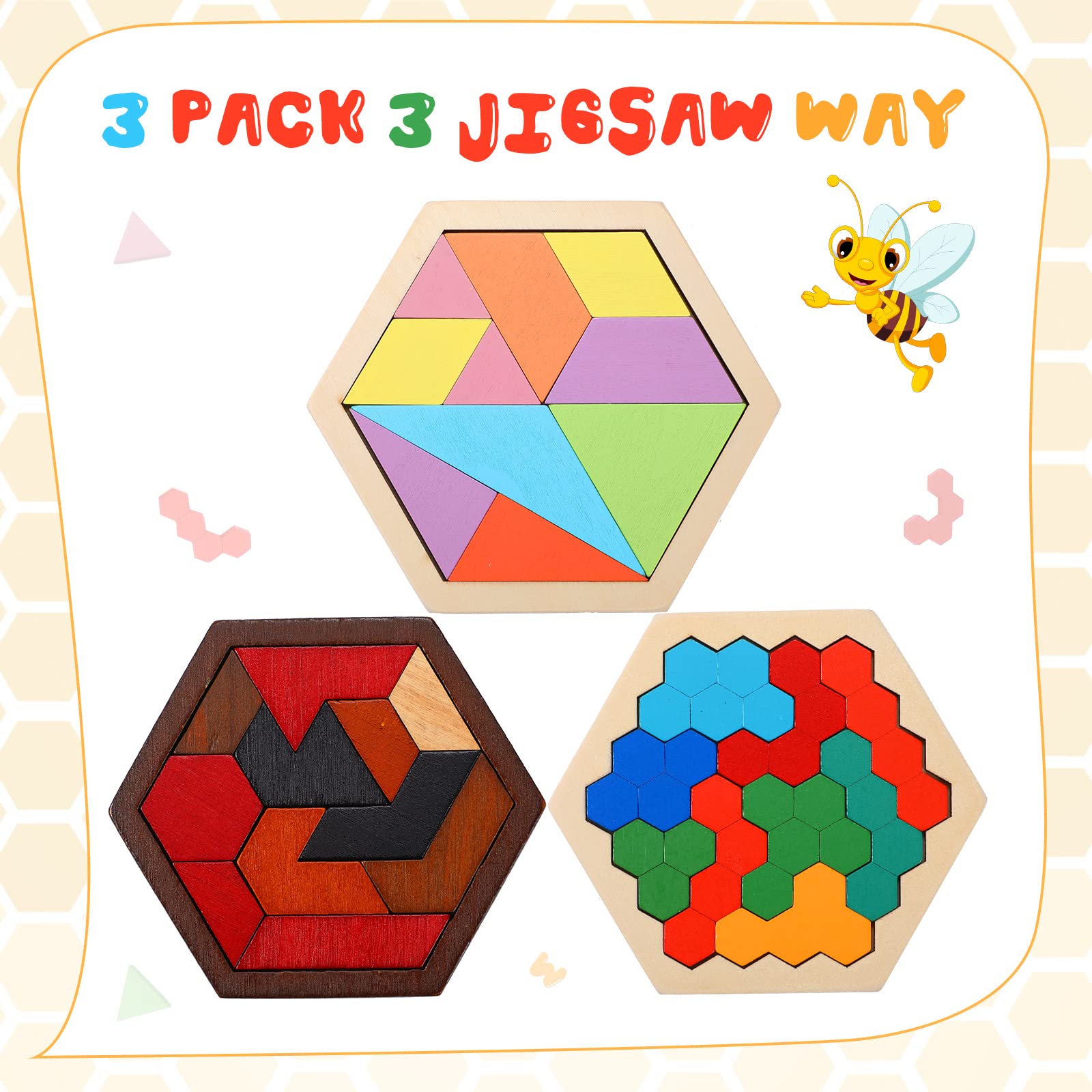 Foto 2 | Juego De 3 Rompecabezas En Forma De Tangram Con Forma De Hexágono De Madera Jerify Para Todas Las Ed - Venta Internac