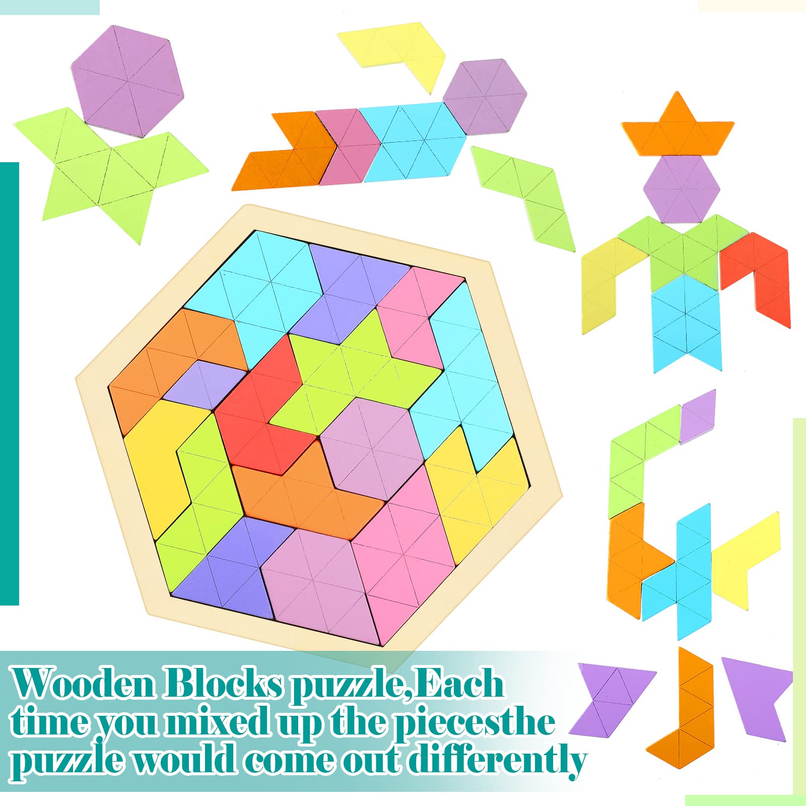 Foto 2 | Rompecabezas De Madera Con Bloques Hexagonales Rompecabezas Geométrico En Tangram - Venta Internacional
