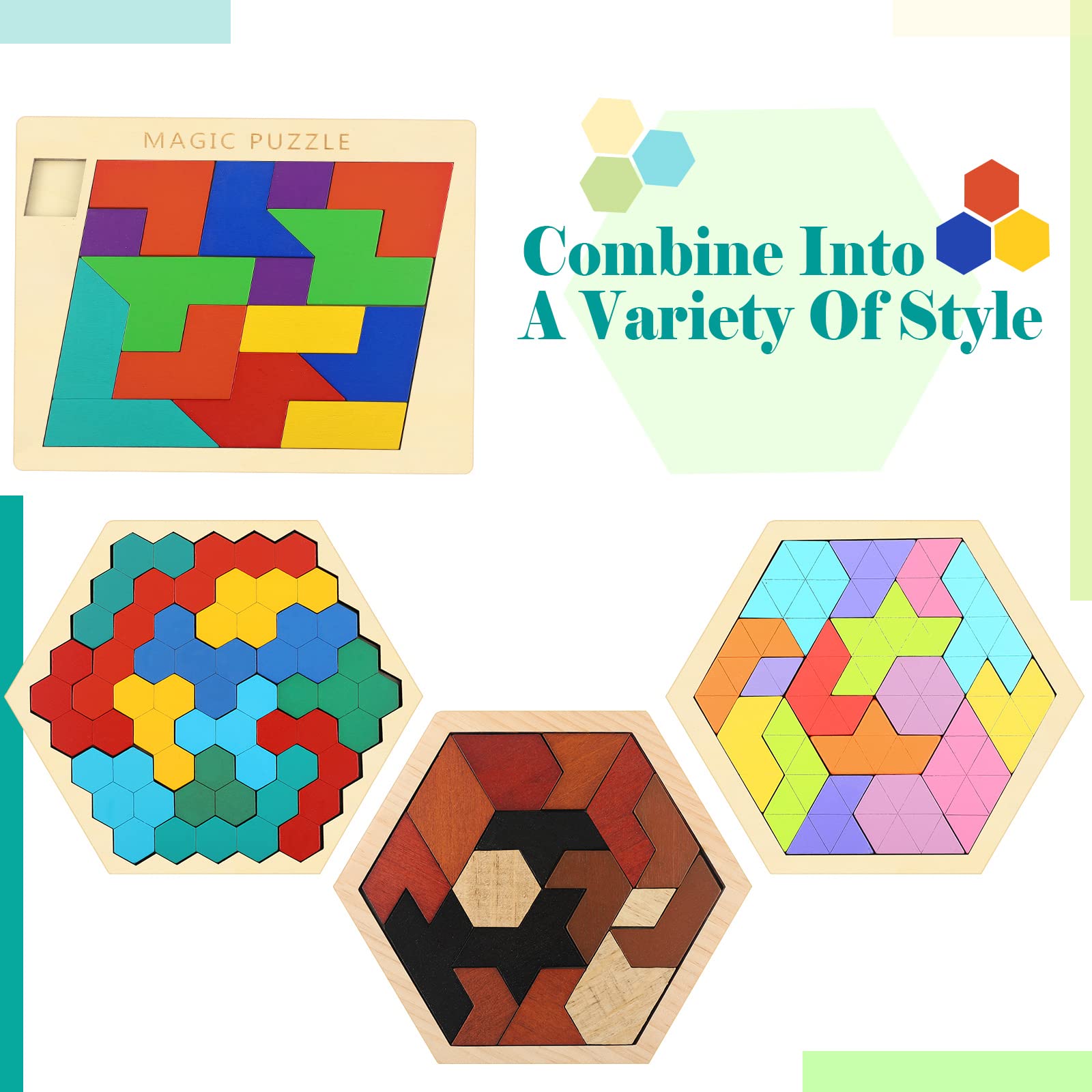Foto 5 | Rompecabezas De Madera Con Bloques Hexagonales Rompecabezas Geométrico En Tangram - Venta Internacional