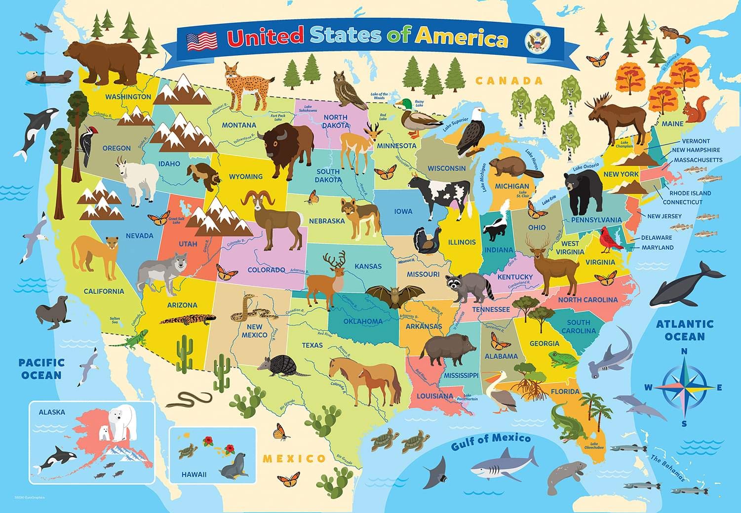 Foto 4 | Puzzle Eurographics: Mapa Ilustrado De Los Estados Unidos, 100 Unidades - Venta Internacional.
