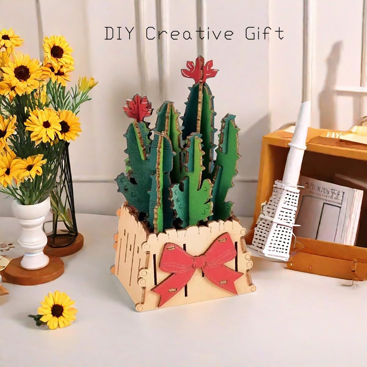 Foto 5 pulgar | Maqueta De Rompecabezas De Madera Con Forma De Flor Y Cactus Con Jarrón Para Adultos - Venta Internacional.