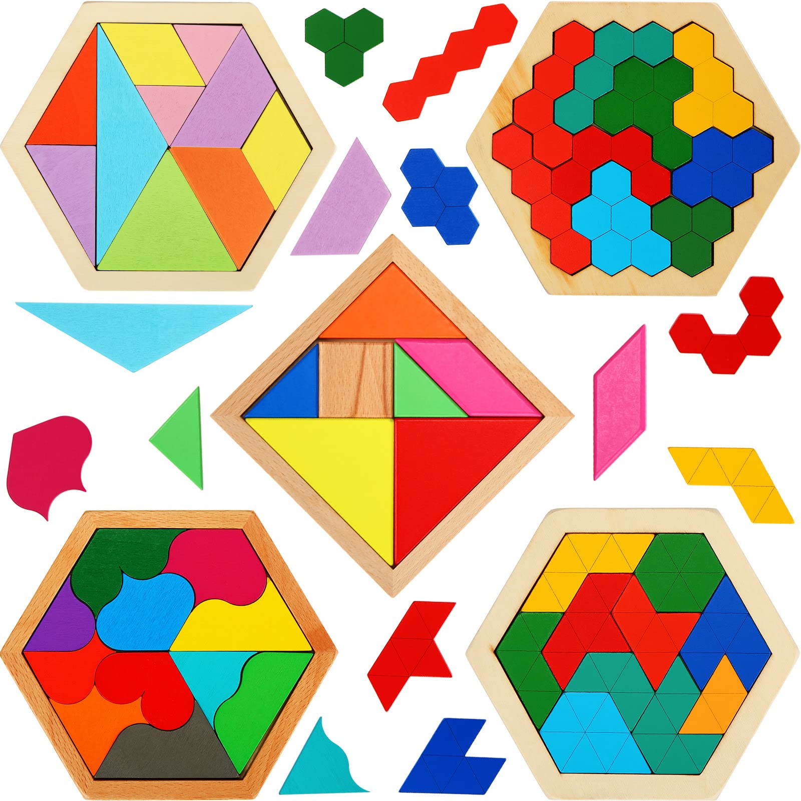 Foto 2 pulgar | Puzle Hexagonal De Madera Jerify Para Niños, Paquete De 5 Unidades, Geometría, Regalo - Venta Internacional.