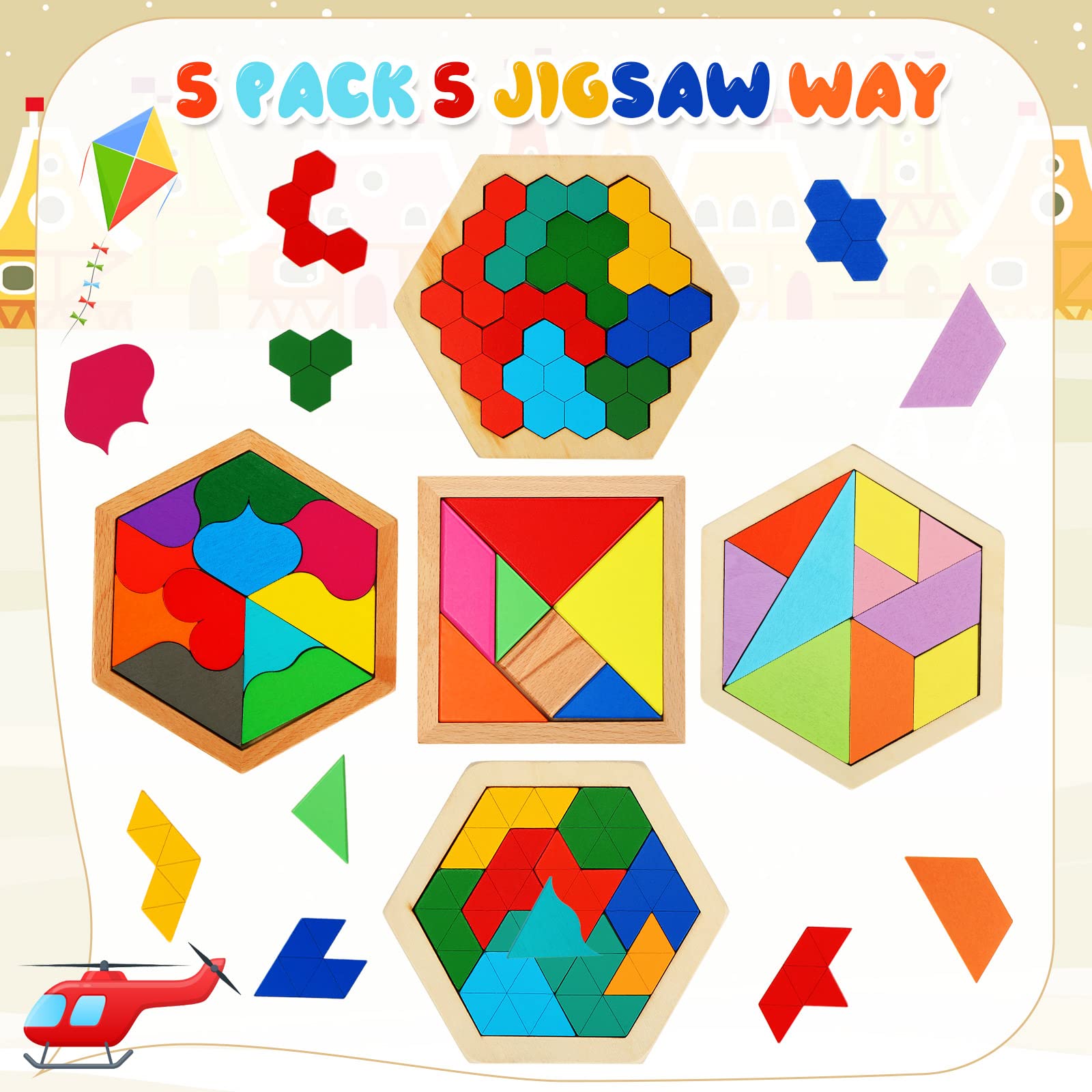 Foto 2 | Puzle Hexagonal De Madera Jerify Para Niños, Paquete De 5 Unidades, Geometría, Regalo - Venta Internacional.