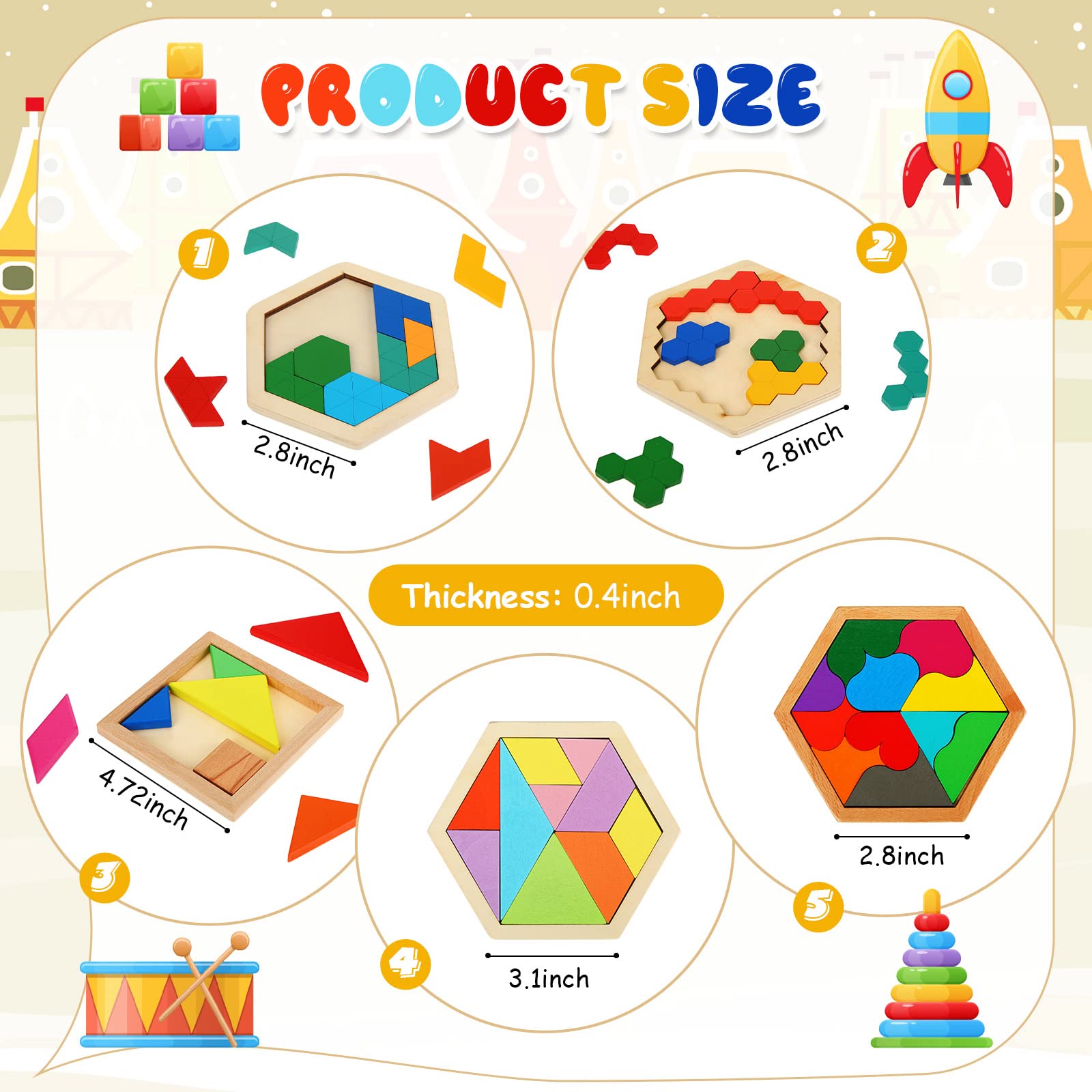Foto 4 | Puzle Hexagonal De Madera Jerify Para Niños, Paquete De 5 Unidades, Geometría, Regalo - Venta Internacional.